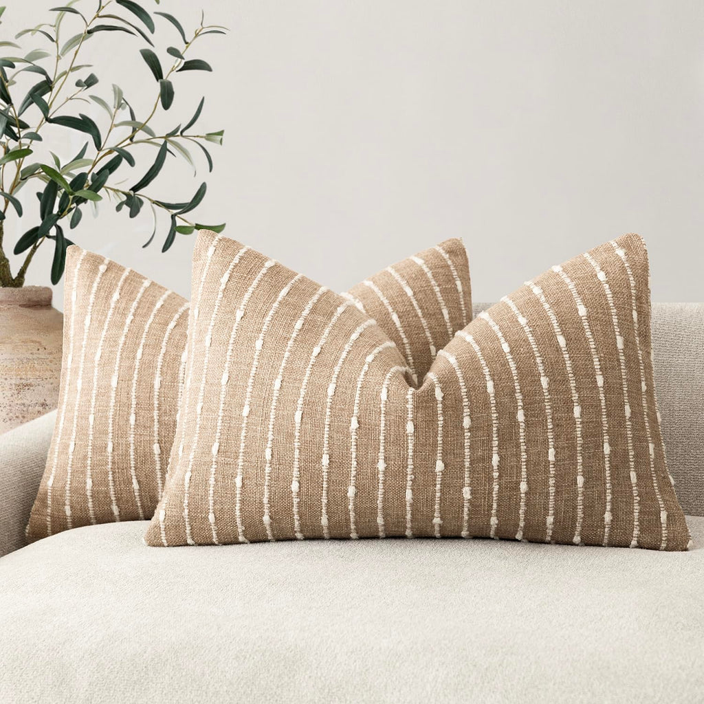 Foindtower Pack of 2 Decorative Jacquard Boucle Throw Pillow Covers Accent Textured Striped Pillowcases Soft Boho Modern Cushion for Couch Sofa Bedroom Living Room Home Decor 20x20 Inch Natural Beige
