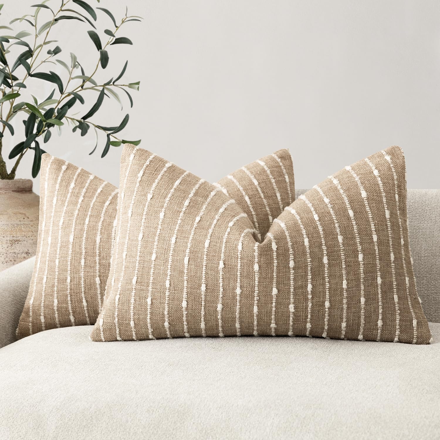 Foindtower Pack of 2 Decorative Jacquard Boucle Throw Pillow Covers Accent Textured Striped Pillowcases Soft Boho Modern Cushion for Couch Sofa Bedroom Living Room Home Decor 20x20 Inch Natural Beige