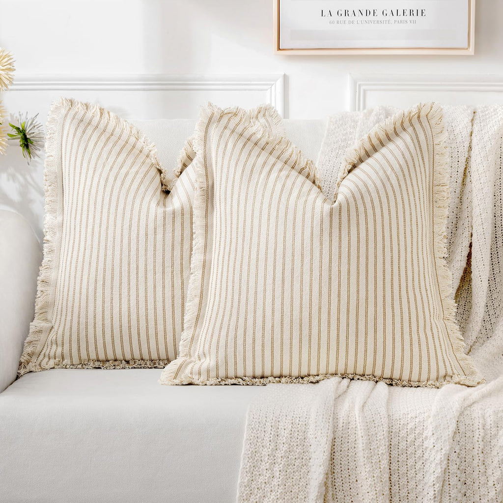 MIULEE Pack of 2 Black Pillow Covers 20x20 Inch Striped Farmhouse Couch Throw Pillow Covers with Fringe Chic Linen Decorative Cushion Covers for Sofa Living Room Bed Outdoor Home Decor