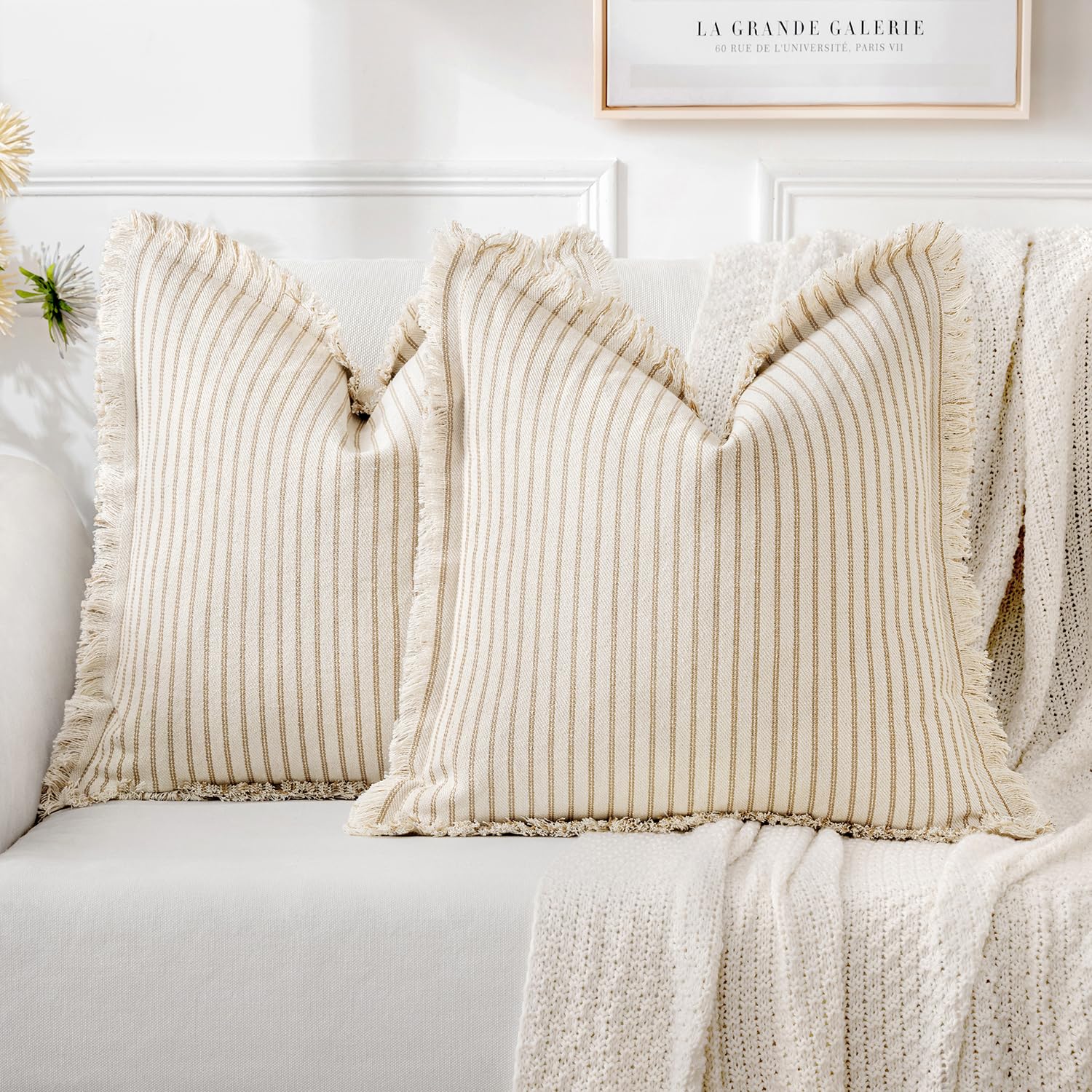 MIULEE Pack of 2 Black Pillow Covers 20x20 Inch Striped Farmhouse Couch Throw Pillow Covers with Fringe Chic Linen Decorative Cushion Covers for Sofa Living Room Bed Outdoor Home Decor