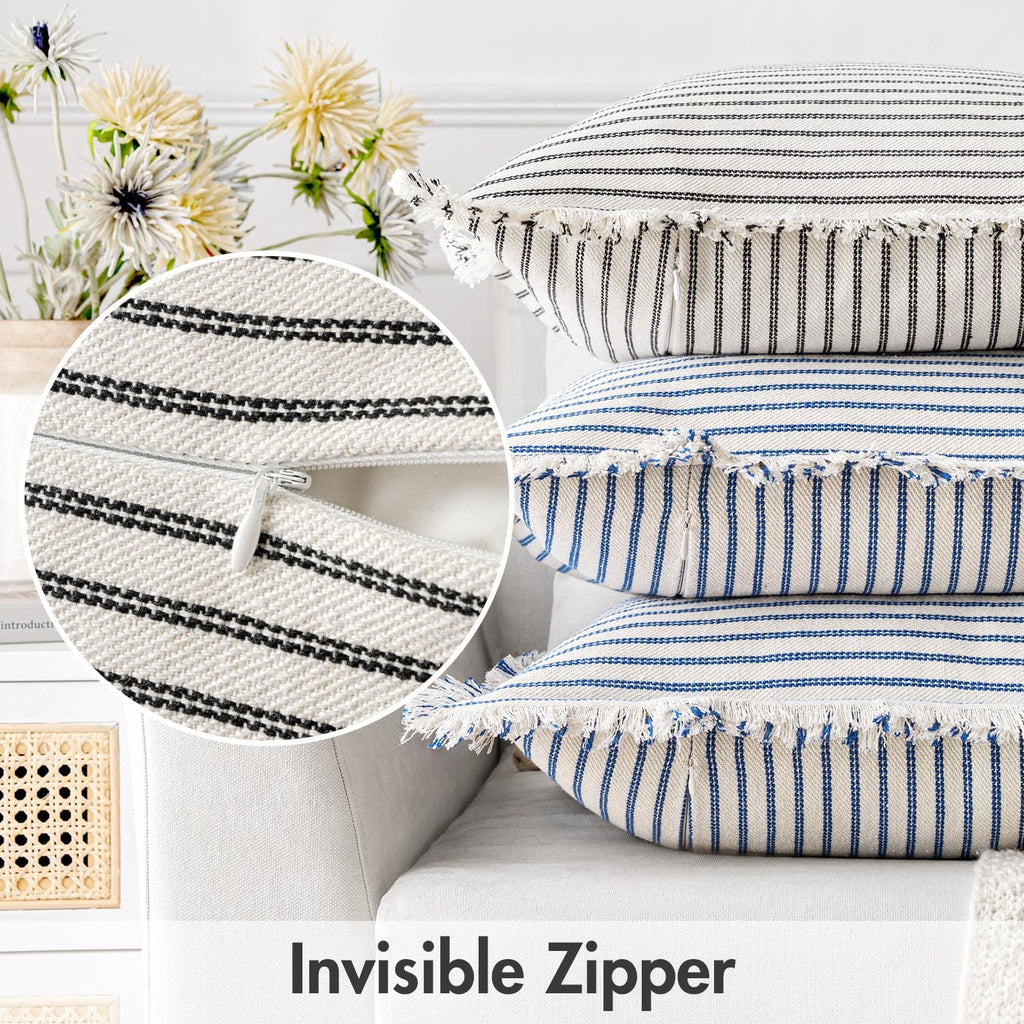 MIULEE Pack of 2 Black Pillow Covers 20x20 Inch Striped Farmhouse Couch Throw Pillow Covers with Fringe Chic Linen Decorative Cushion Covers for Sofa Living Room Bed Outdoor Home Decor