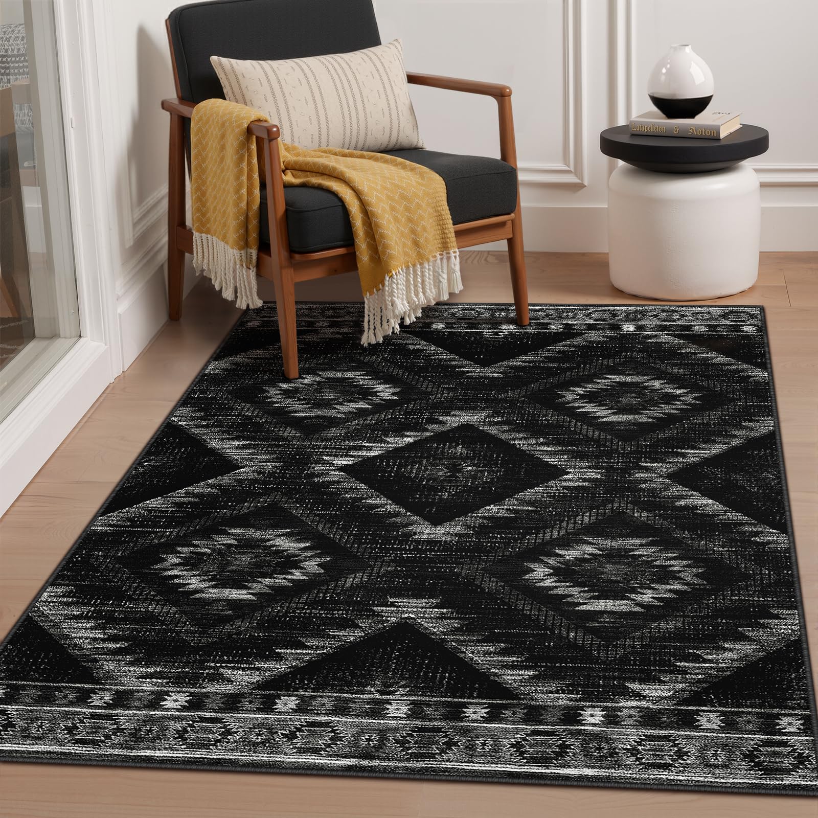 BESTSWEETIE Area Rug 5x7 Rug Machine Washable Non-Slip Low Pile Print Pattern Western Rug for Living Room Bedroom Entryway Tribal Series -Black