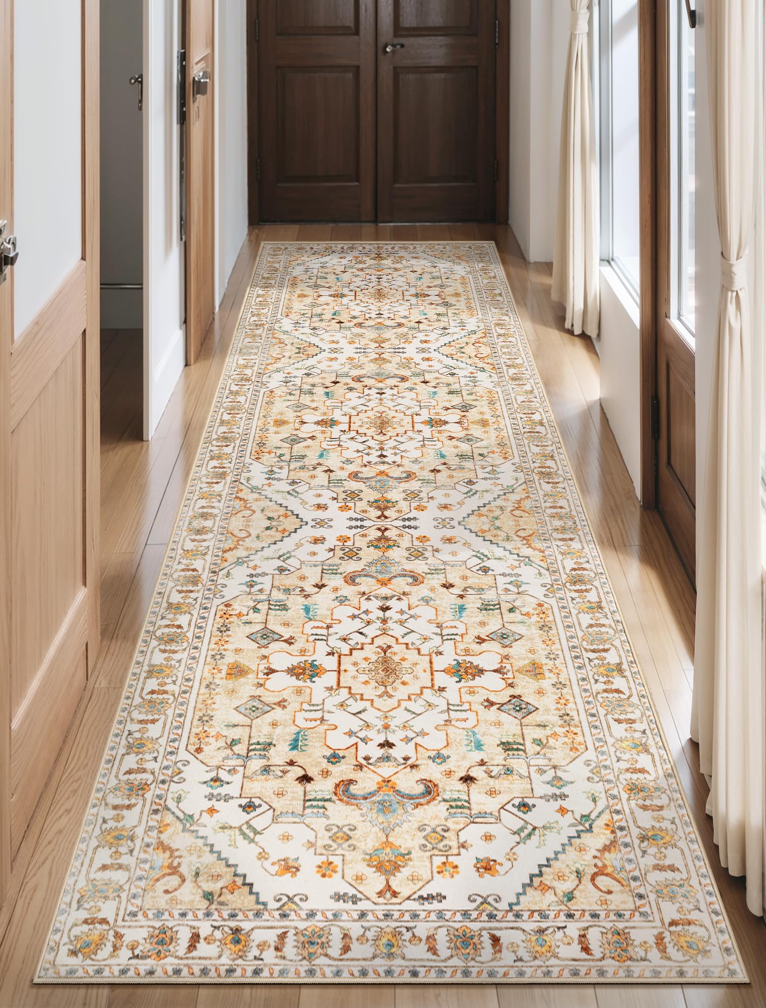 SERISSA Washable Rugs 8x10 Area Rugs, Large Non-Slip Boho Living Room Rust Rug, Ultra Soft Vintage Print Distressed Oriental Tribal Farmhouse Carpet for Dining Room Bedroom Dorm Office Home Decor