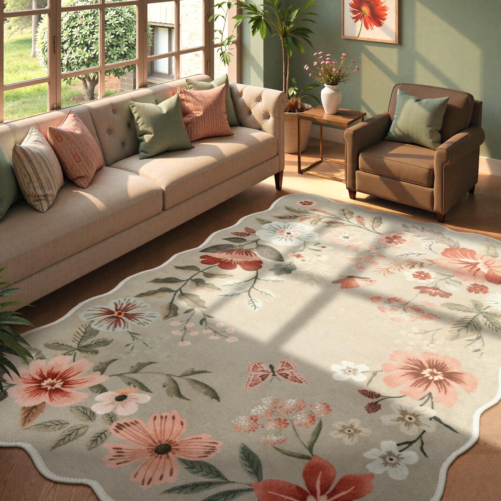 Lahome Floral Living Room Rugs, Area Rugs 5x7 Rug for Bedroom Ultra-Thin Soft Rug, Non-Slip Washable Rugs Stain Resistant Boho Rug Flore Throw Rug for ‎Dining Room Office (5x7ft,Green)