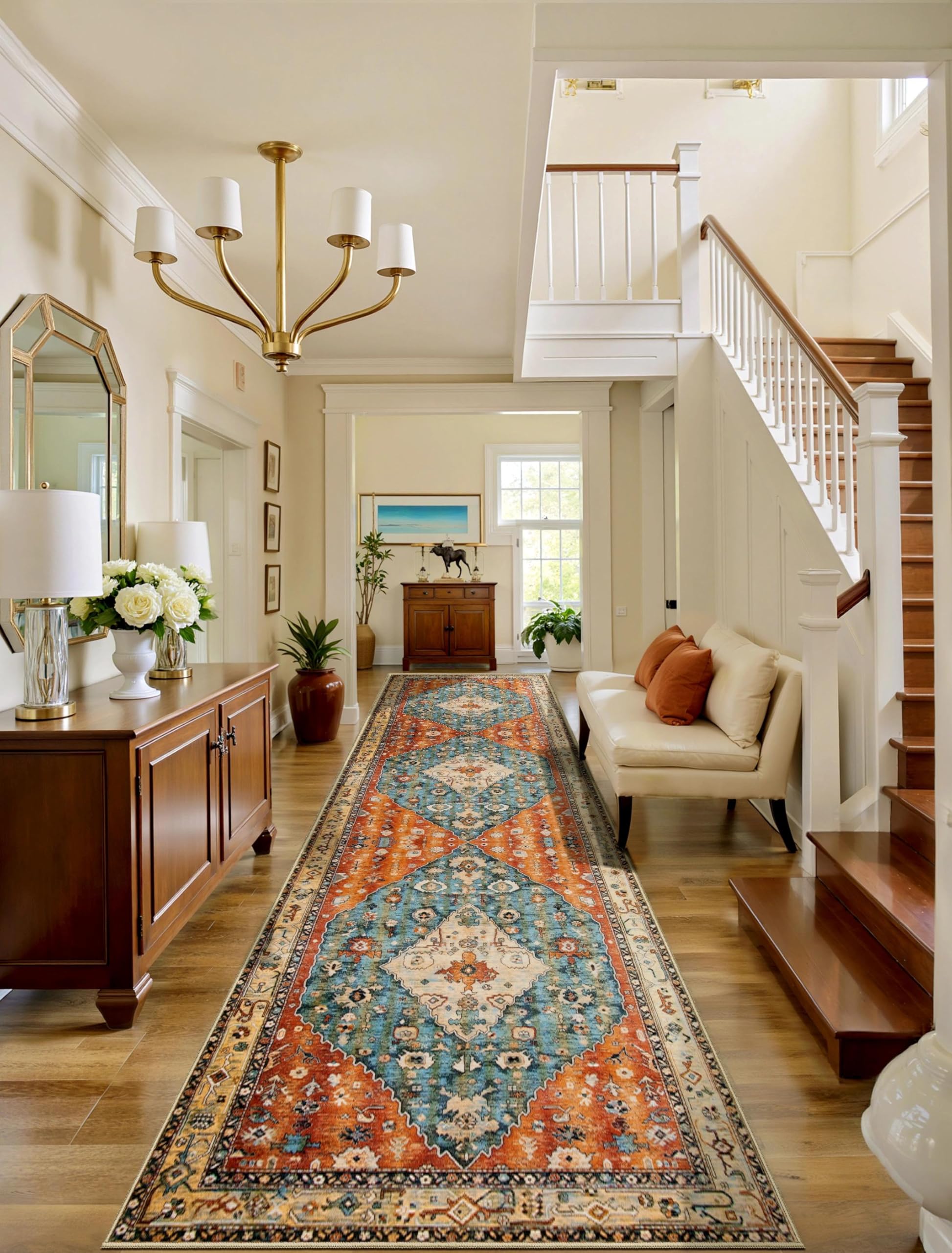 SERISSA Washable Rugs 8x10 Area Rugs, Large Non-Slip Boho Living Room Rust Rug, Ultra Soft Vintage Print Distressed Oriental Tribal Farmhouse Carpet for Dining Room Bedroom Dorm Office Home Decor