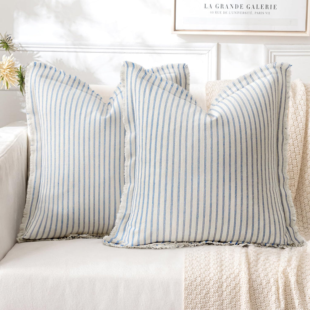 MIULEE Pack of 2 Black Pillow Covers 20x20 Inch Striped Farmhouse Couch Throw Pillow Covers with Fringe Chic Linen Decorative Cushion Covers for Sofa Living Room Bed Outdoor Home Decor