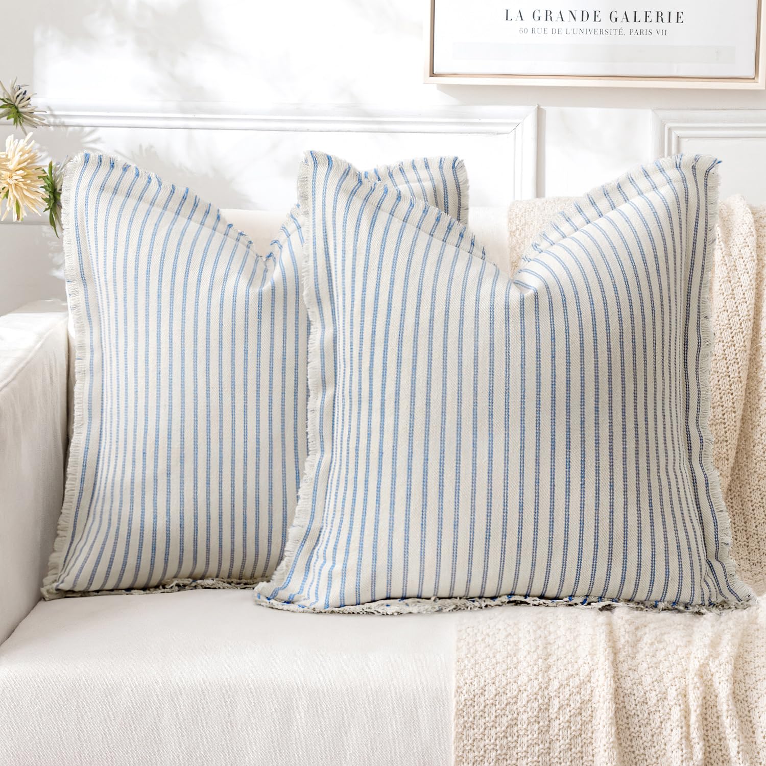 MIULEE Pack of 2 Black Pillow Covers 20x20 Inch Striped Farmhouse Couch Throw Pillow Covers with Fringe Chic Linen Decorative Cushion Covers for Sofa Living Room Bed Outdoor Home Decor