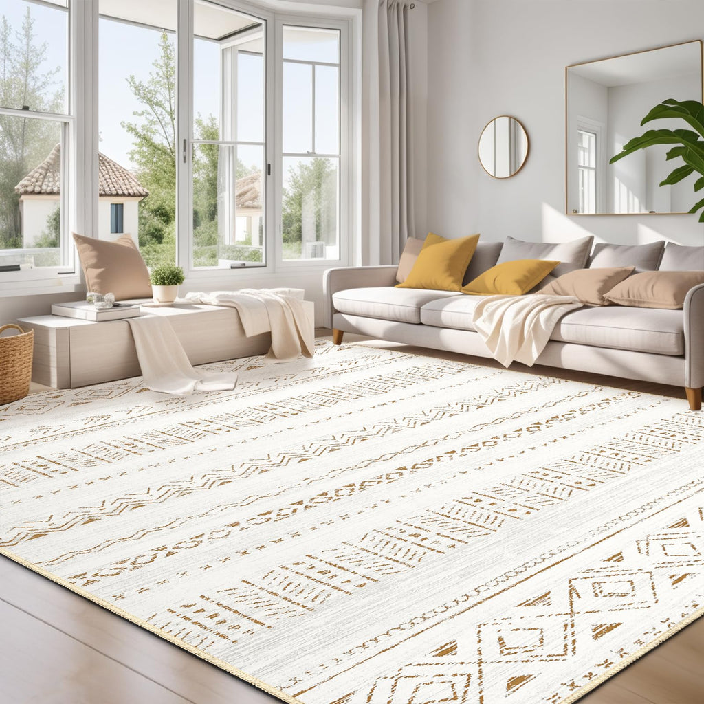 cotiled 5x7 Area Rug Living Room: Washable Boho Rugs with Non Slip Backing Large Soft Indoor Stain Resistant Carpet for Bedroom Farmhouse Dining Room Lightweight Home Decor L Brown/Cream