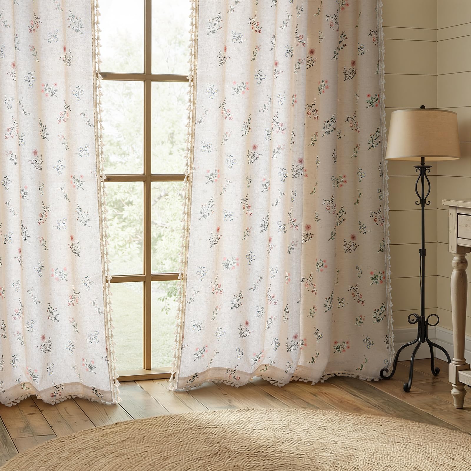 Floral Embroidered Linen Blend Curtains for Bedroom, 84 Inch Light Filtering Spring Farmhouse Vintage Drapes Beige Flower Window Treatments for Living Room Rod Pocket, Set of 2 Panels