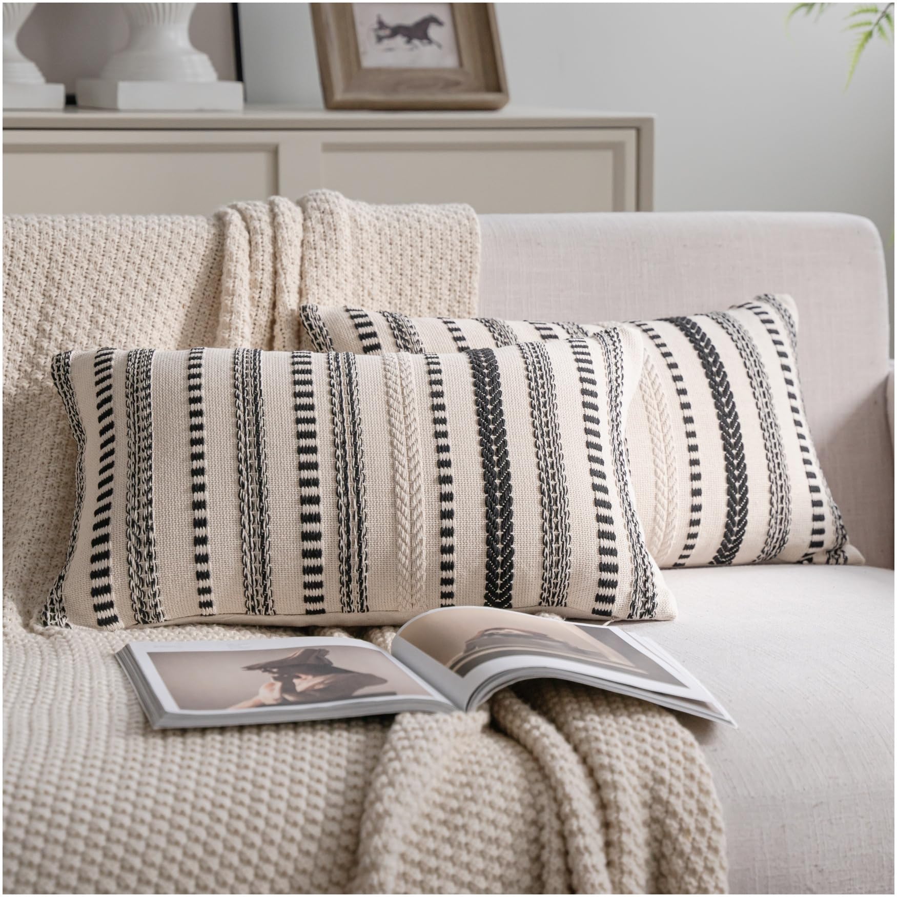 Cethom Navy Blue Boho Throw Pillow Covers 20x20 Inch Set of 2, Stripe Textured Decorative Couch Pillow Cases for Bed, Sofa, Living Room, Bedroom, Farmhouse Home Accent Cushion Covers
