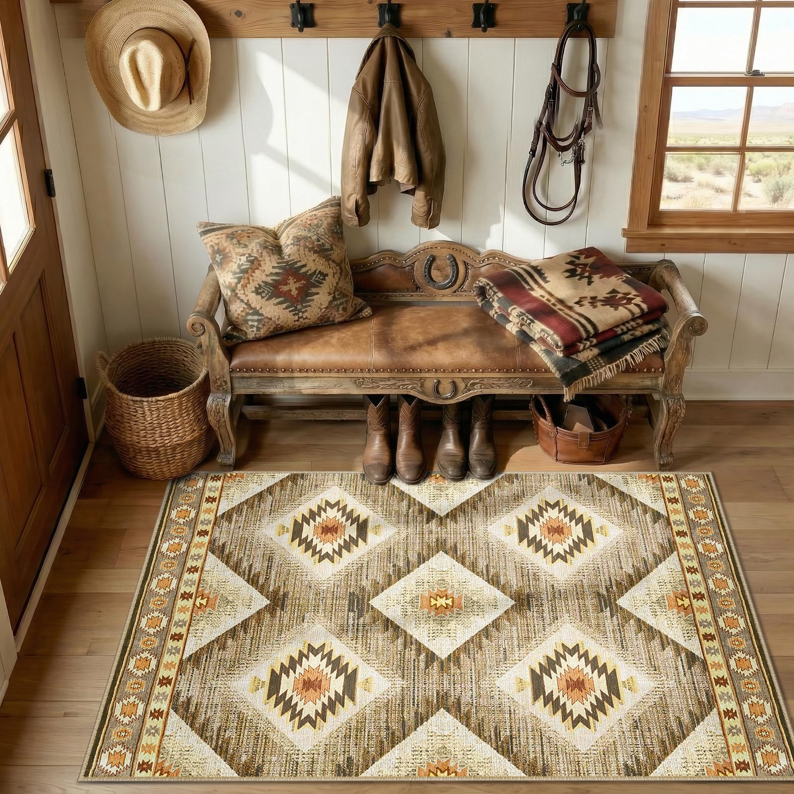 BESTSWEETIE Area Rug 5x7 Rug Machine Washable Non-Slip Low Pile Print Pattern Western Rug for Living Room Bedroom Entryway Tribal Series -Black