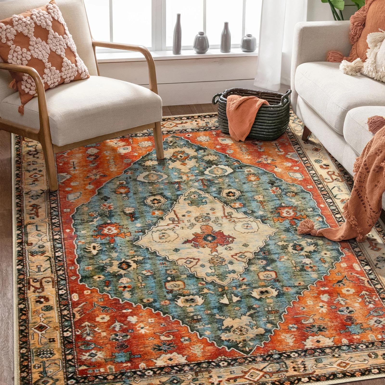 SERISSA Washable Rugs 8x10 Area Rugs, Large Non-Slip Boho Living Room Rust Rug, Ultra Soft Vintage Print Distressed Oriental Tribal Farmhouse Carpet for Dining Room Bedroom Dorm Office Home Decor