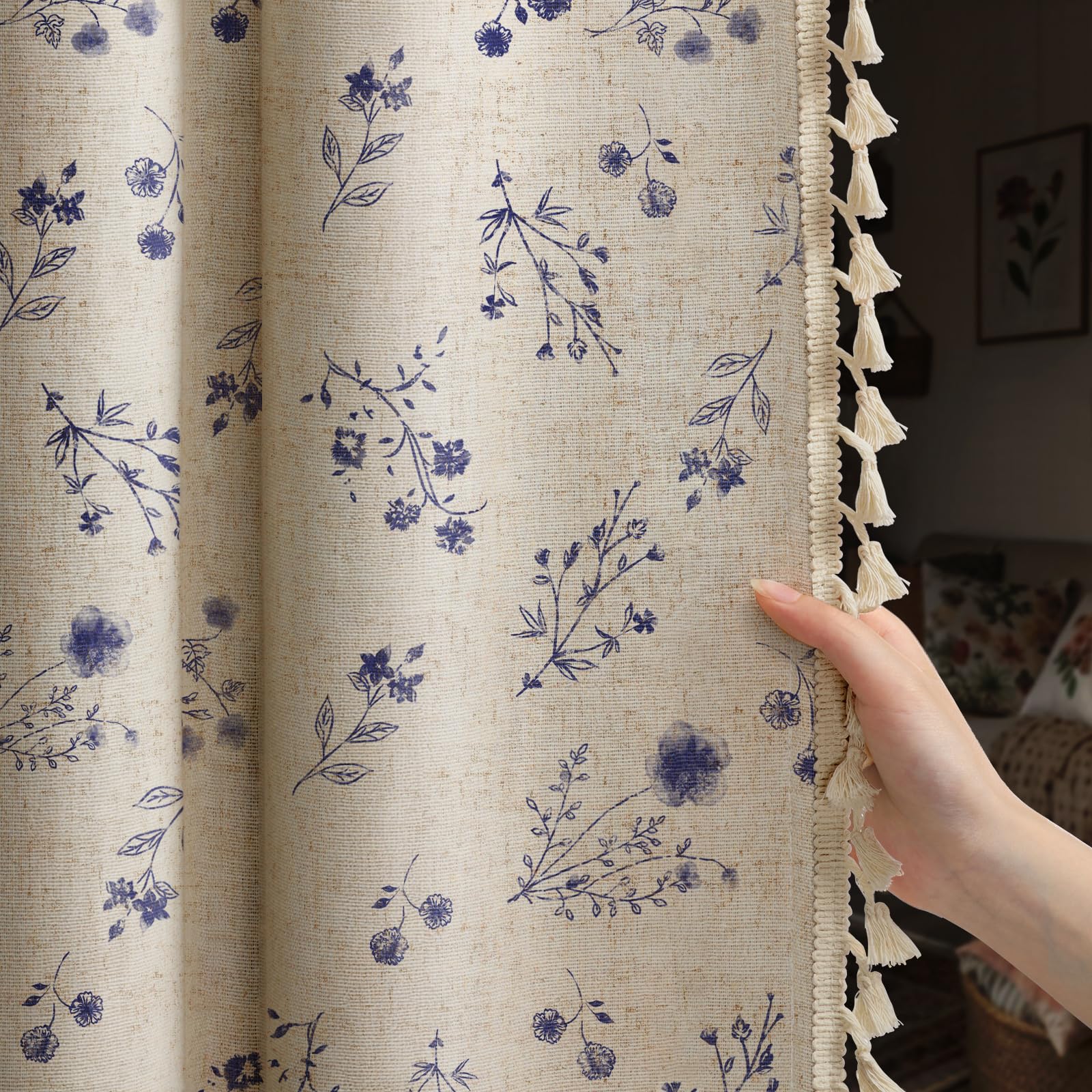 Floral Embroidered Linen Blend Curtains for Bedroom, 84 Inch Light Filtering Spring Farmhouse Vintage Drapes Beige Flower Window Treatments for Living Room Rod Pocket, Set of 2 Panels