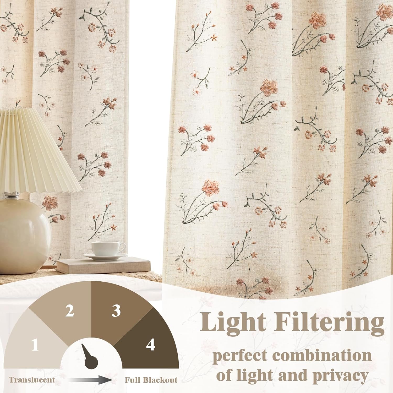 Floral Embroidered Linen Blend Curtains for Bedroom, 84 Inch Light Filtering Spring Farmhouse Vintage Drapes Beige Flower Window Treatments for Living Room Rod Pocket, Set of 2 Panels