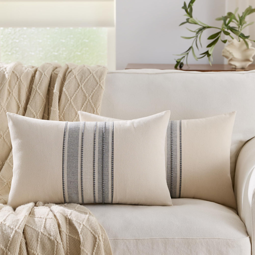 Striped Linen Textured Throw Pillow Covers 18x18 Inch Set of 2,Boho Decorative Cushion Covers, Neutral Navy Blue Accent Pillowcases for Couch, Sofa, Bed Farmhouse & Modern Living Room Decor