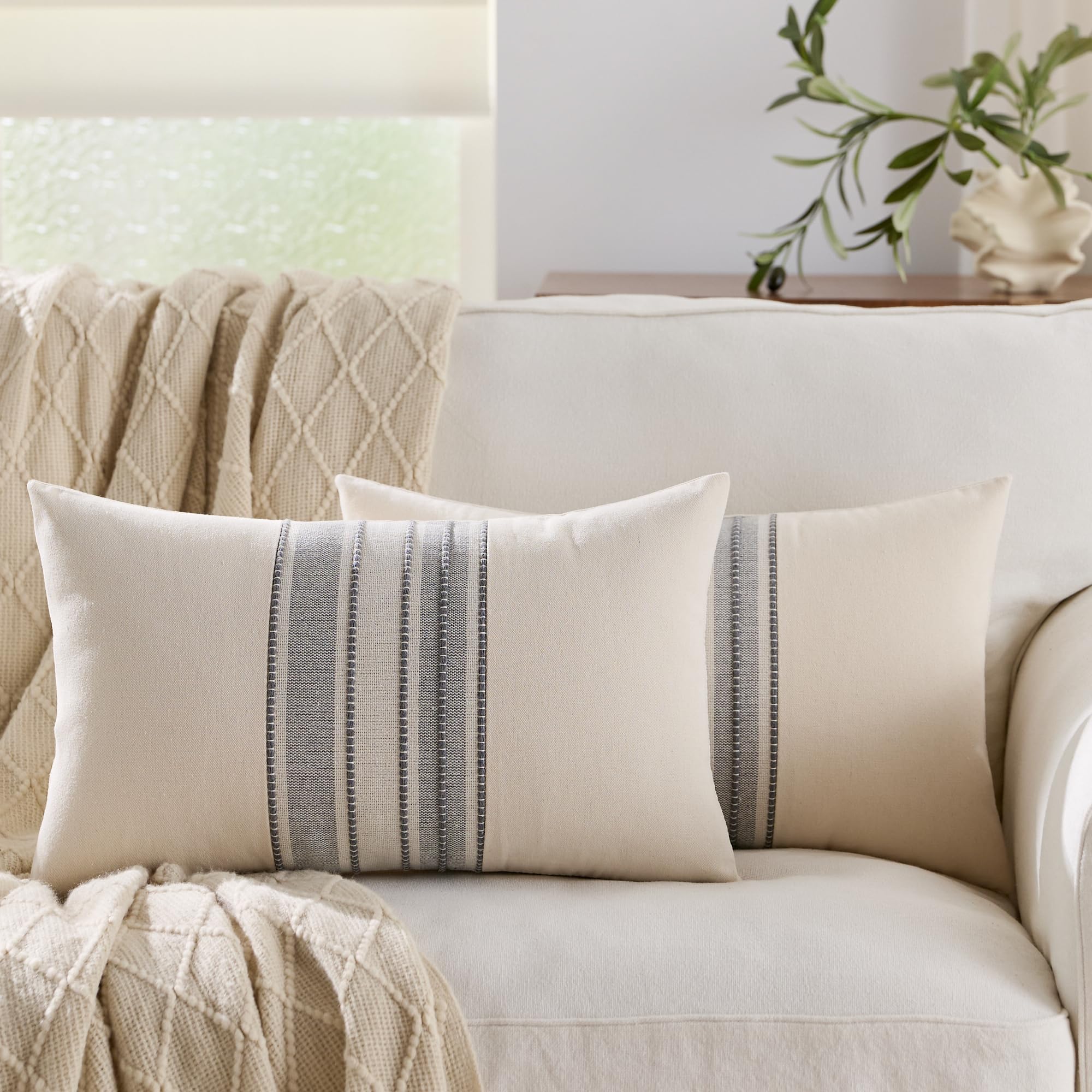 Striped Linen Textured Throw Pillow Covers 18x18 Inch Set of 2,Boho Decorative Cushion Covers, Neutral Navy Blue Accent Pillowcases for Couch, Sofa, Bed Farmhouse & Modern Living Room Decor