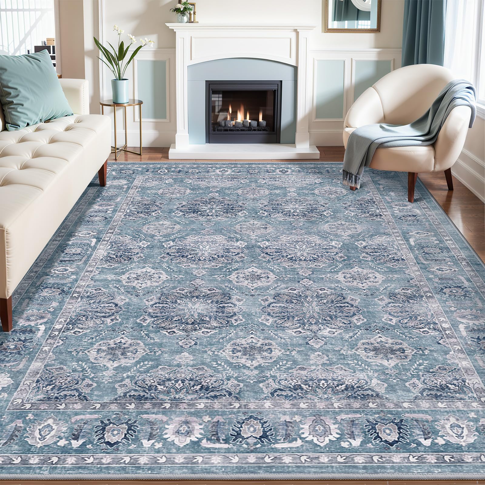 SERISSA Washable Rugs 8x10 Area Rugs, Large Non-Slip Boho Living Room Rust Rug, Ultra Soft Vintage Print Distressed Oriental Tribal Farmhouse Carpet for Dining Room Bedroom Dorm Office Home Decor