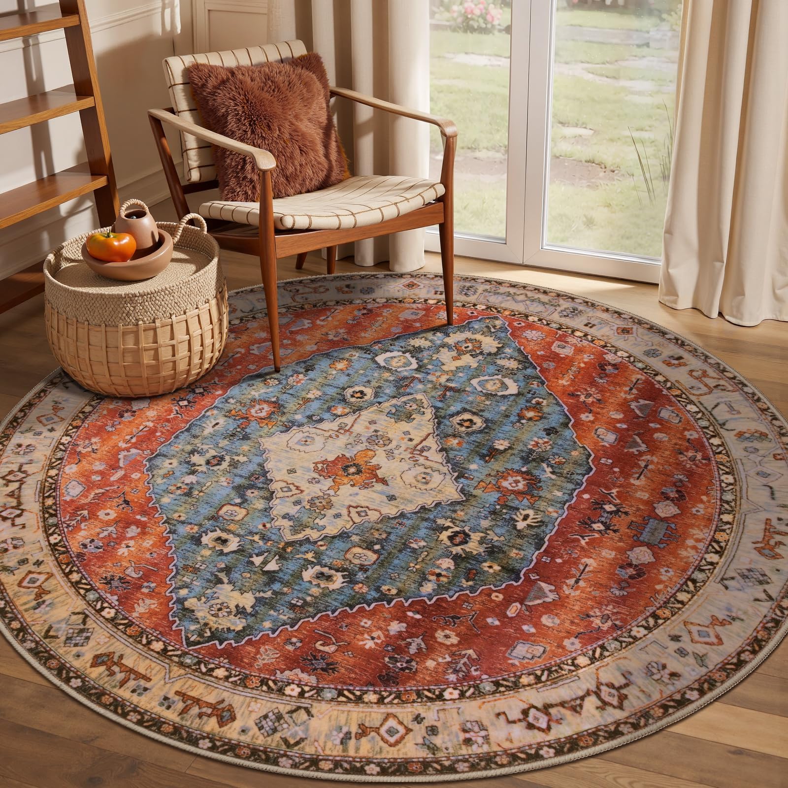 SERISSA Washable Rugs 8x10 Area Rugs, Large Non-Slip Boho Living Room Rust Rug, Ultra Soft Vintage Print Distressed Oriental Tribal Farmhouse Carpet for Dining Room Bedroom Dorm Office Home Decor