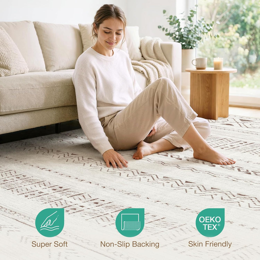 cotiled 5x7 Area Rug Living Room: Washable Boho Rugs with Non Slip Backing Large Soft Indoor Stain Resistant Carpet for Bedroom Farmhouse Dining Room Lightweight Home Decor L Brown/Cream