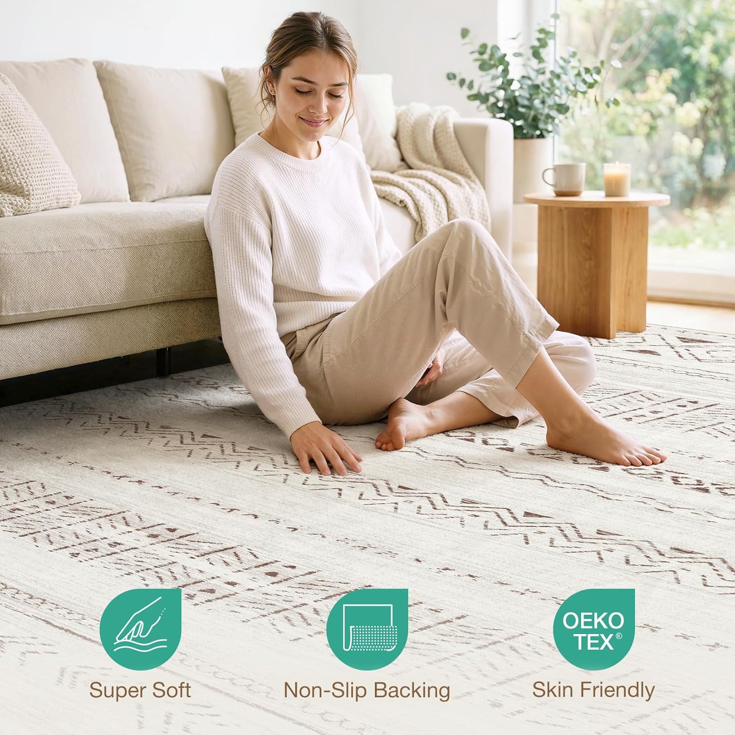 cotiled 5x7 Area Rug Living Room: Washable Boho Rugs with Non Slip Backing Large Soft Indoor Stain Resistant Carpet for Bedroom Farmhouse Dining Room Lightweight Home Decor L Brown/Cream