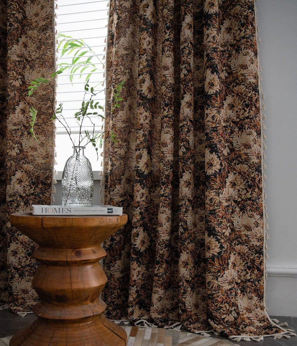 vctops Vintage Floral Oil Painting Curtains with Tassels Set of 2 Panels Rod Pocket Thermal Insulated Room Darkening Window Curtains/Drapes for Bedroom Living Room (Coffee,59"x94")