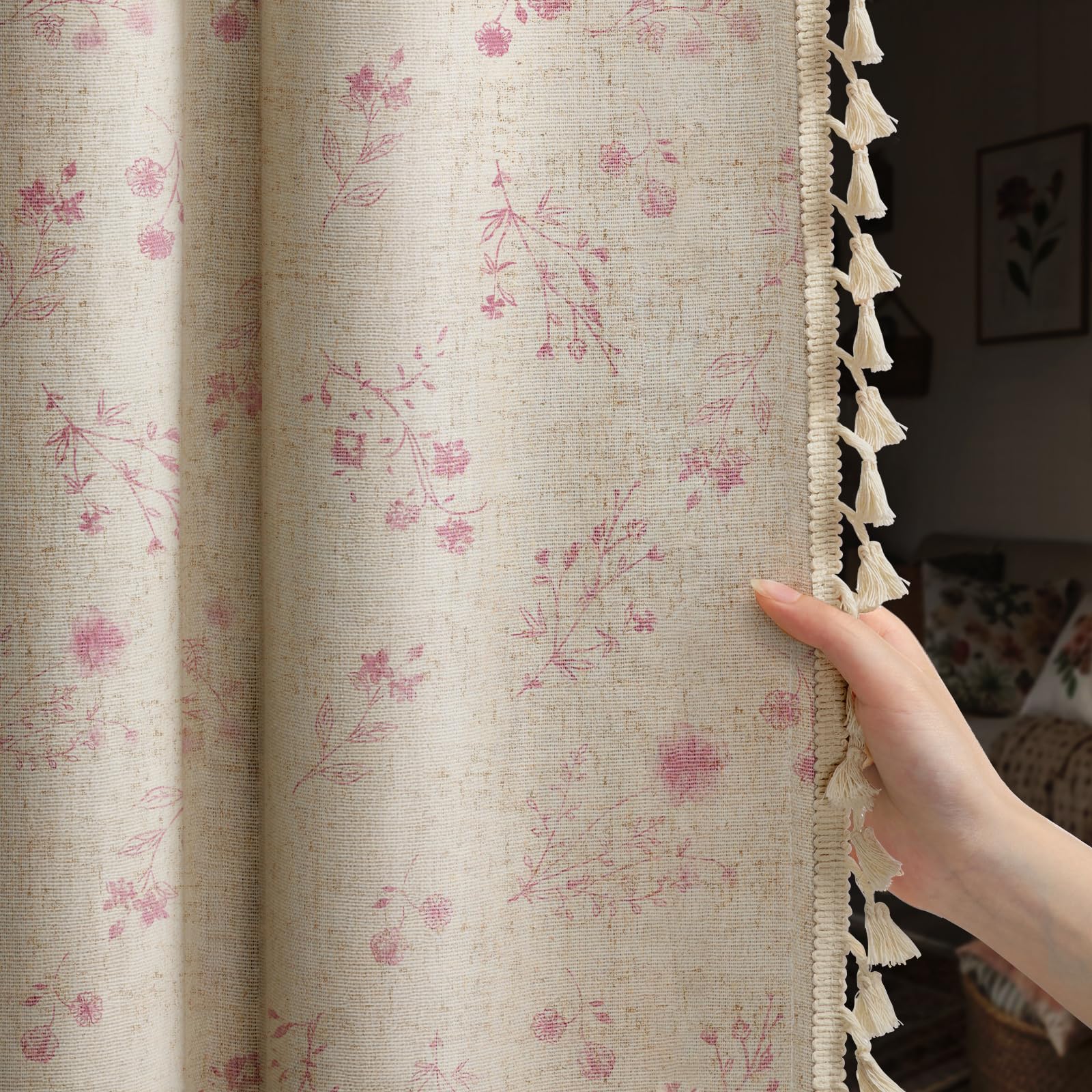 Floral Embroidered Linen Blend Curtains for Bedroom, 84 Inch Light Filtering Spring Farmhouse Vintage Drapes Beige Flower Window Treatments for Living Room Rod Pocket, Set of 2 Panels