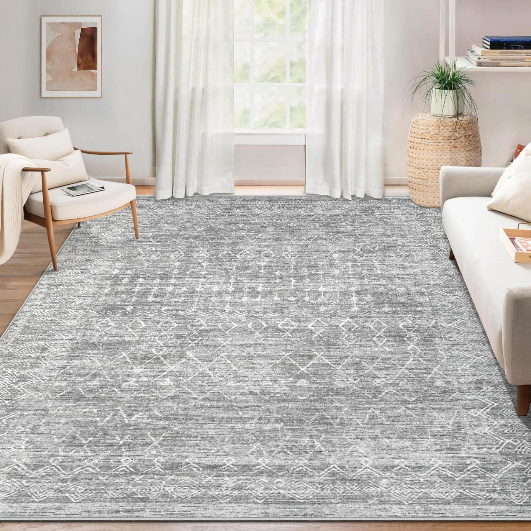 Area Rug Living Room Rugs 8x10 - Large Soft Boho Geometric Rug, Non-Slip Foldable Washable Rugs Non Shedding Morden Indoor Floor Carpet for Living Room Bedroom Office Dining Room(Brown Green,8'x10')