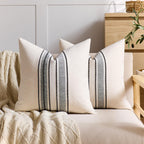 Striped Linen Textured Throw Pillow Covers 18x18 Inch Set of 2,Boho Decorative Cushion Covers, Neutral Navy Blue Accent Pillowcases for Couch, Sofa, Bed Farmhouse & Modern Living Room Decor