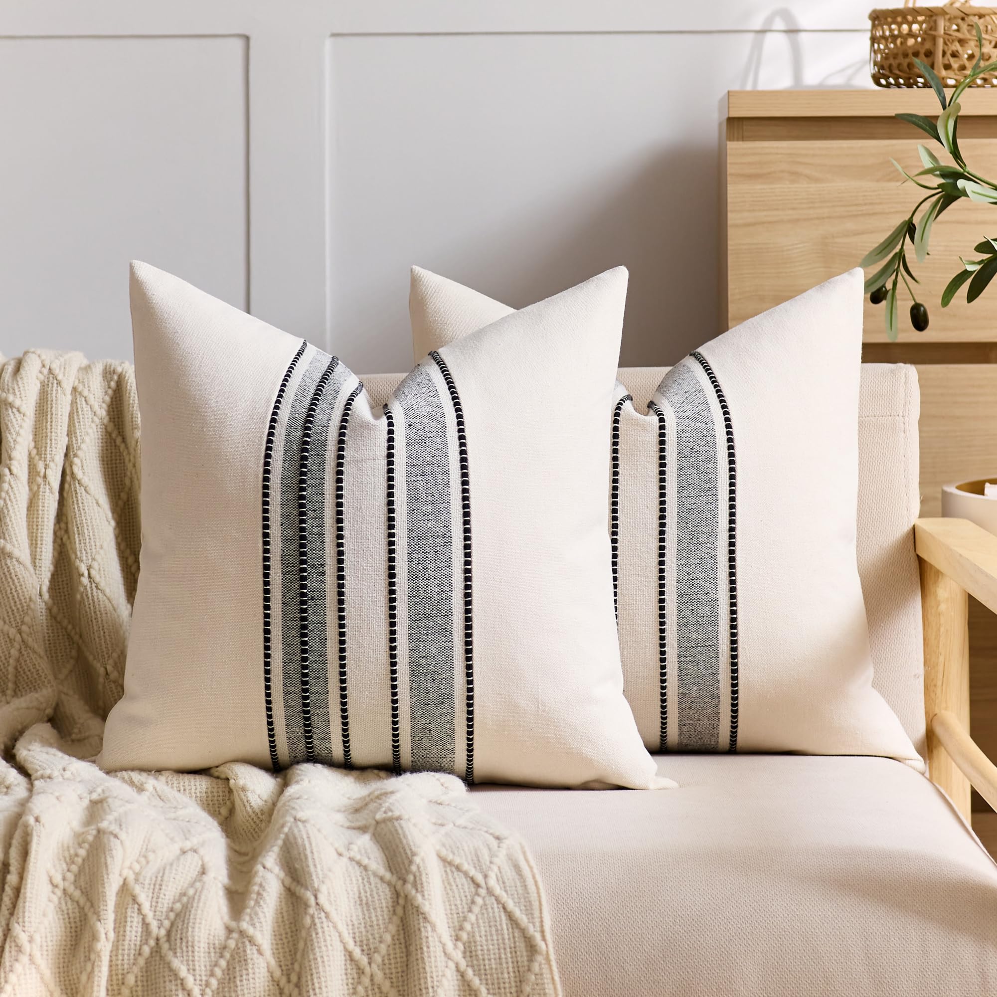 Striped Linen Textured Throw Pillow Covers 18x18 Inch Set of 2,Boho Decorative Cushion Covers, Neutral Navy Blue Accent Pillowcases for Couch, Sofa, Bed Farmhouse & Modern Living Room Decor