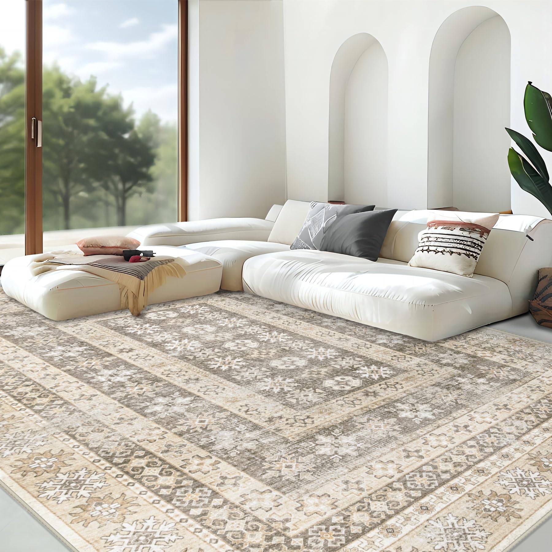 Area Rug Living Room Rugs 8x10 - Large Soft Boho Geometric Rug, Non-Slip Foldable Washable Rugs Non Shedding Morden Indoor Floor Carpet for Living Room Bedroom Office Dining Room(Brown Green,8'x10')