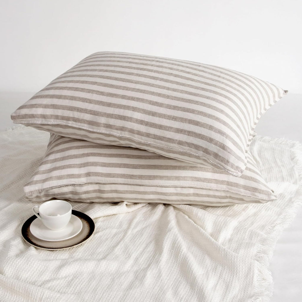 Striped Linen Pillow Cases Set of 2,20"x30" Standard/Queen Size,100% French Natural Flax Soft Linen Pillowcases,Natural Stripe