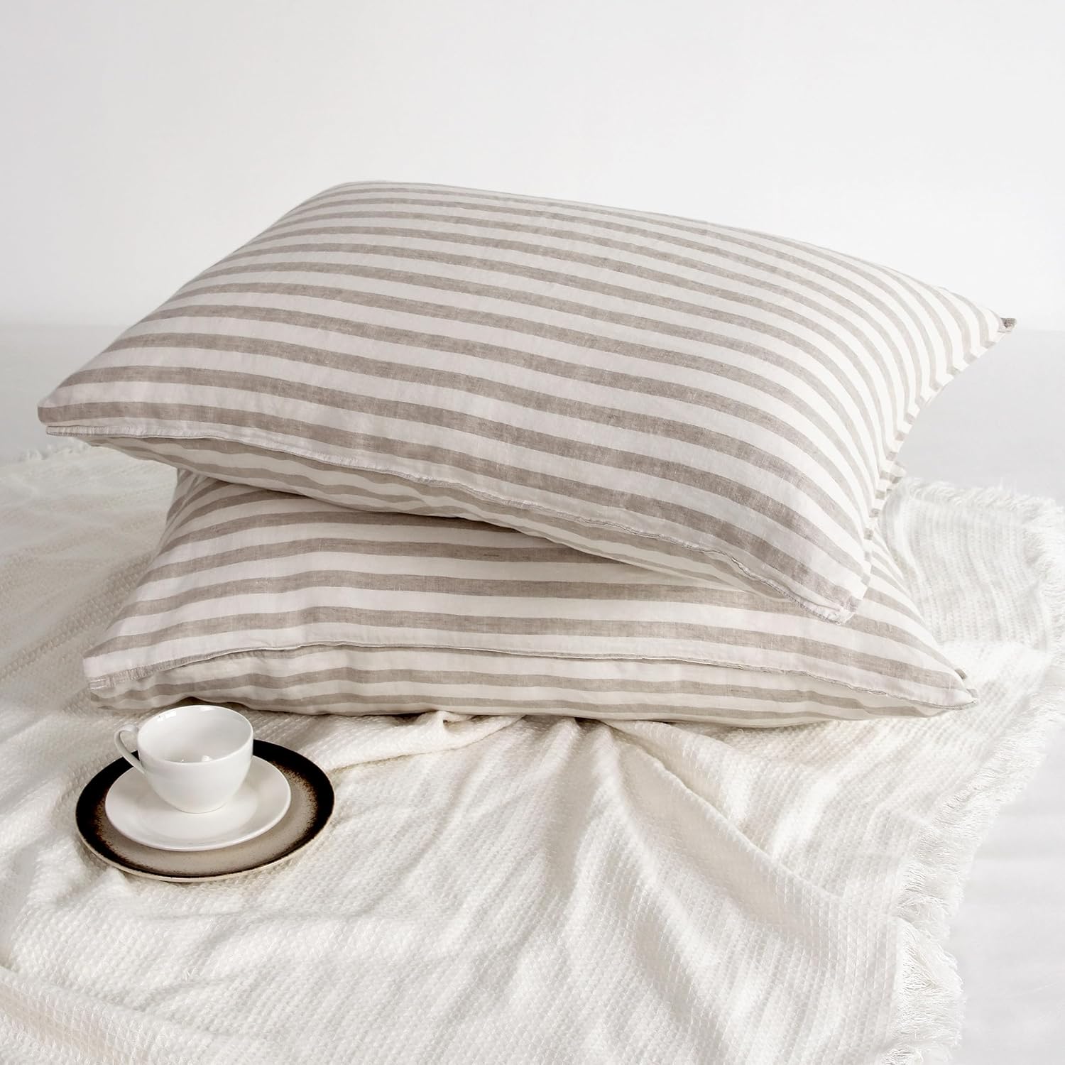 Striped Linen Pillow Cases Set of 2,20"x30" Standard/Queen Size,100% French Natural Flax Soft Linen Pillowcases,Natural Stripe