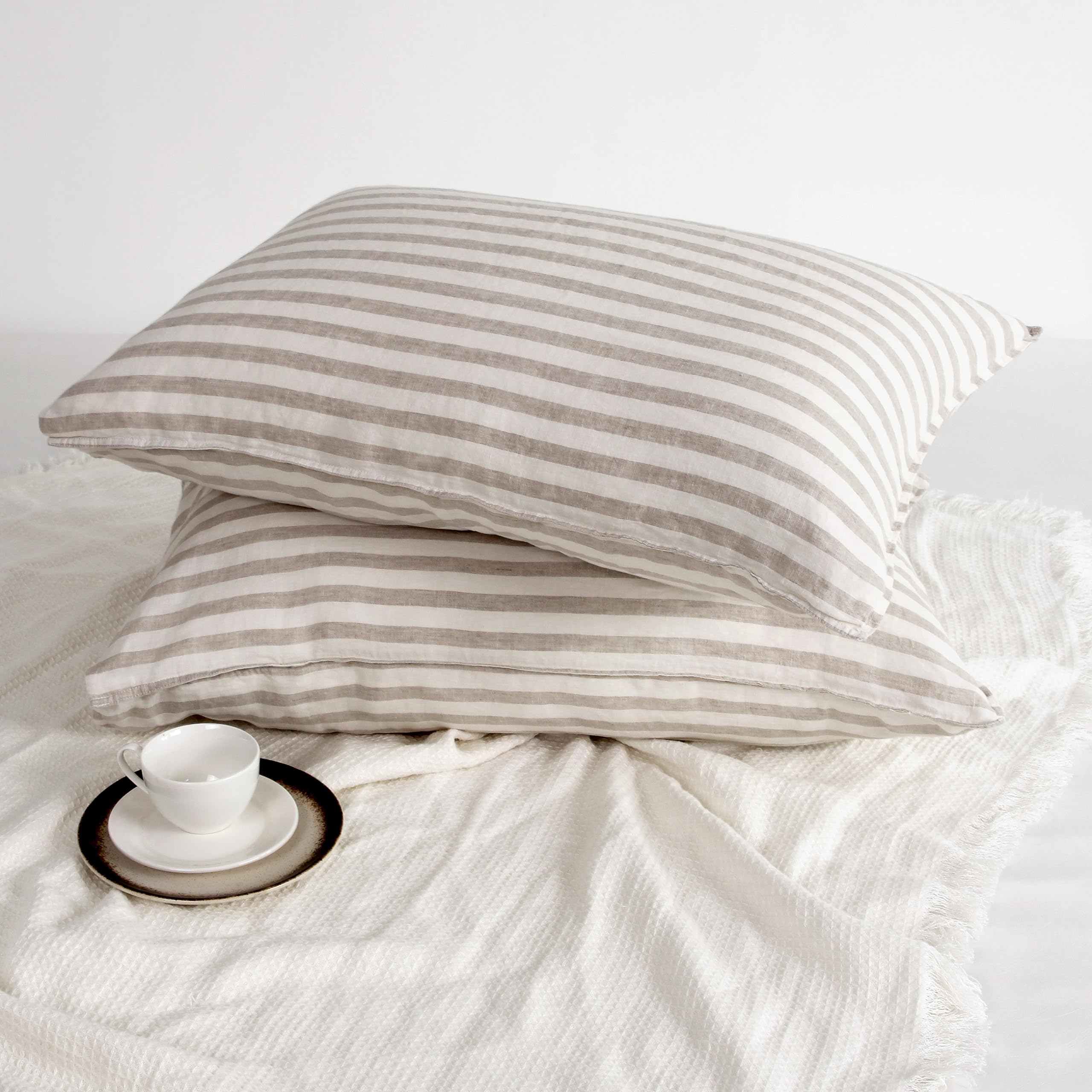 Striped Linen Pillow Cases Set of 2,20"x30" Standard/Queen Size,100% French Natural Flax Soft Linen Pillowcases,Natural Stripe