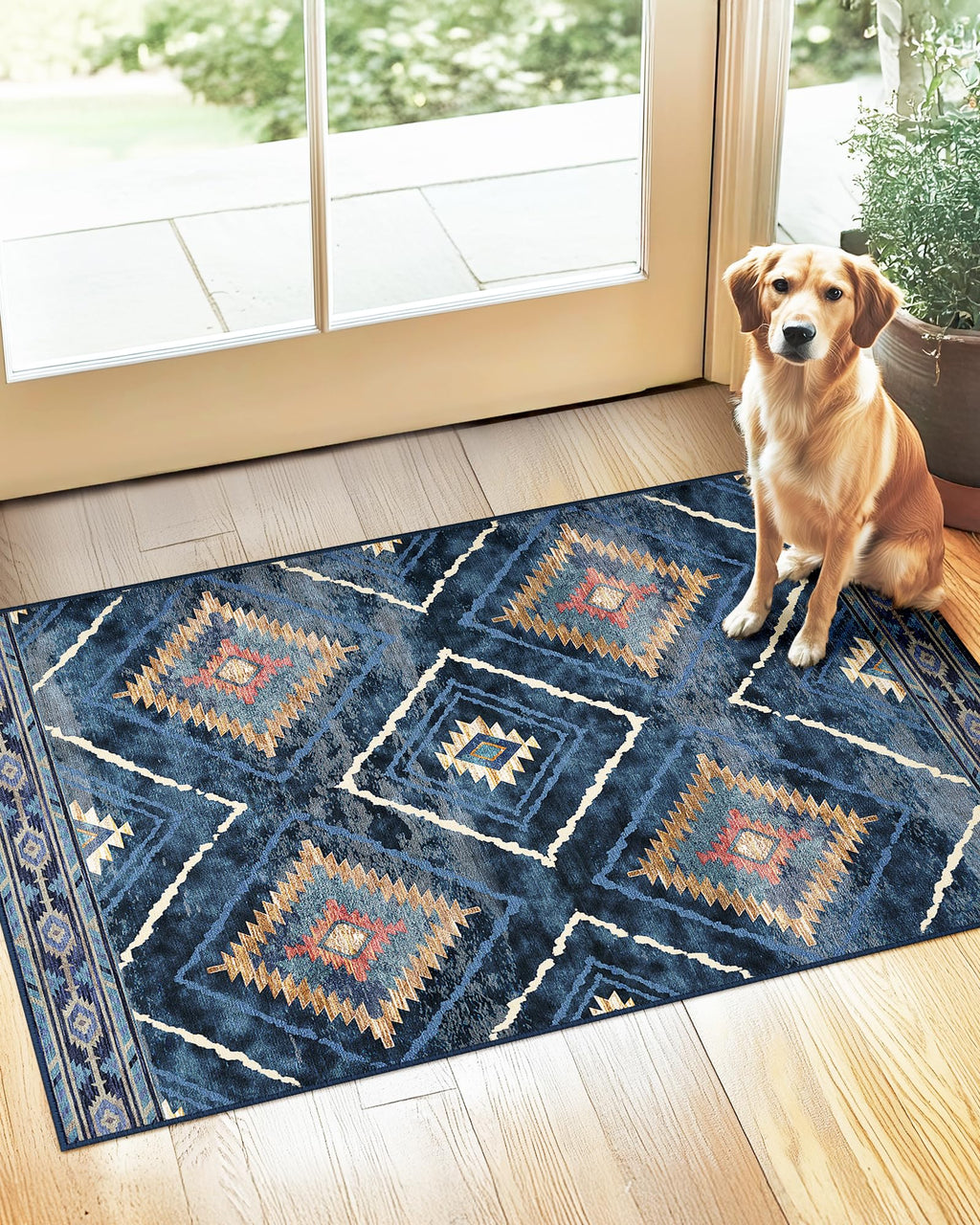 BESTSWEETIE Area Rug 5x7 Rug Machine Washable Non-Slip Low Pile Print Pattern Western Rug for Living Room Bedroom Entryway Tribal Series -Black
