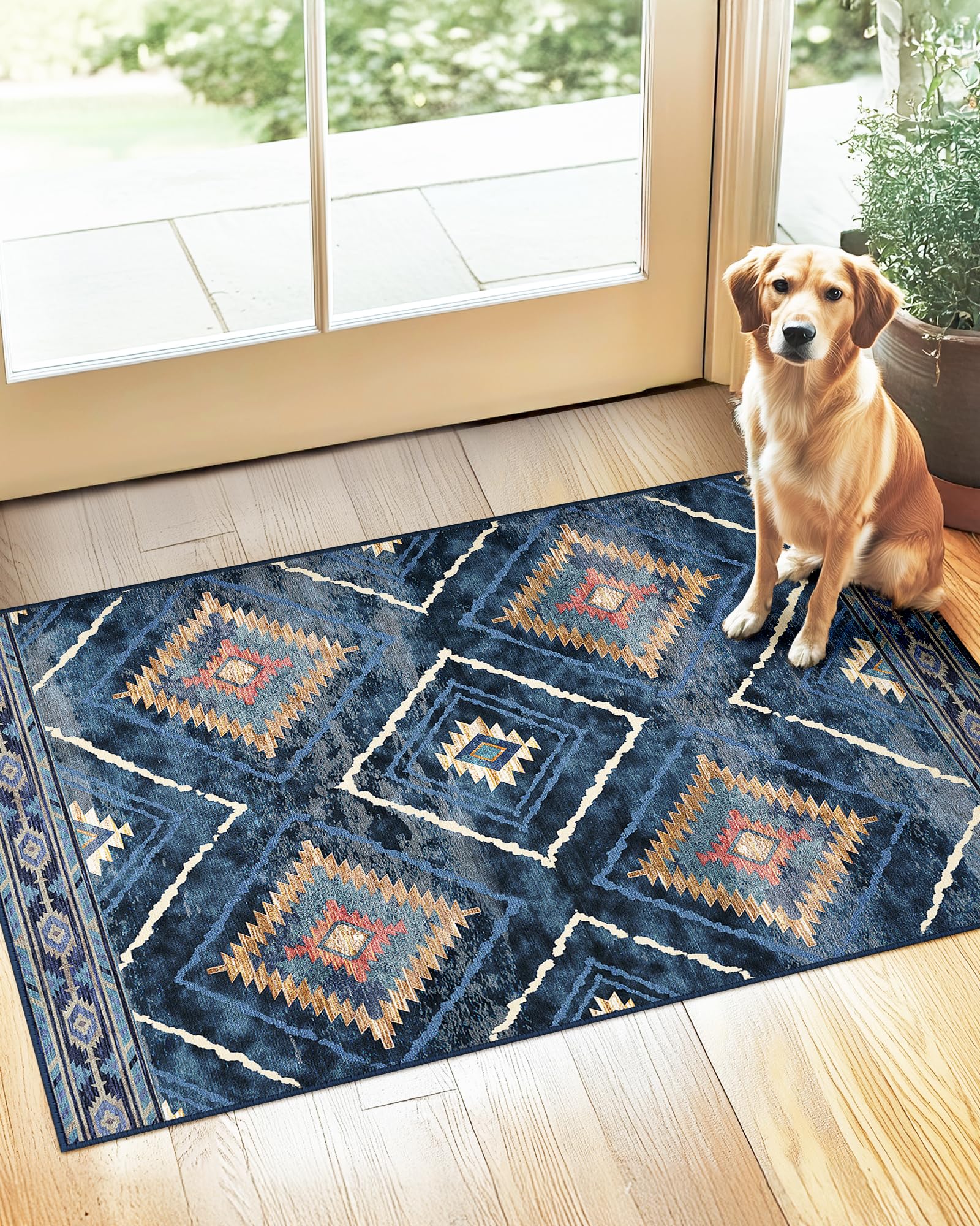 BESTSWEETIE Area Rug 5x7 Rug Machine Washable Non-Slip Low Pile Print Pattern Western Rug for Living Room Bedroom Entryway Tribal Series -Black