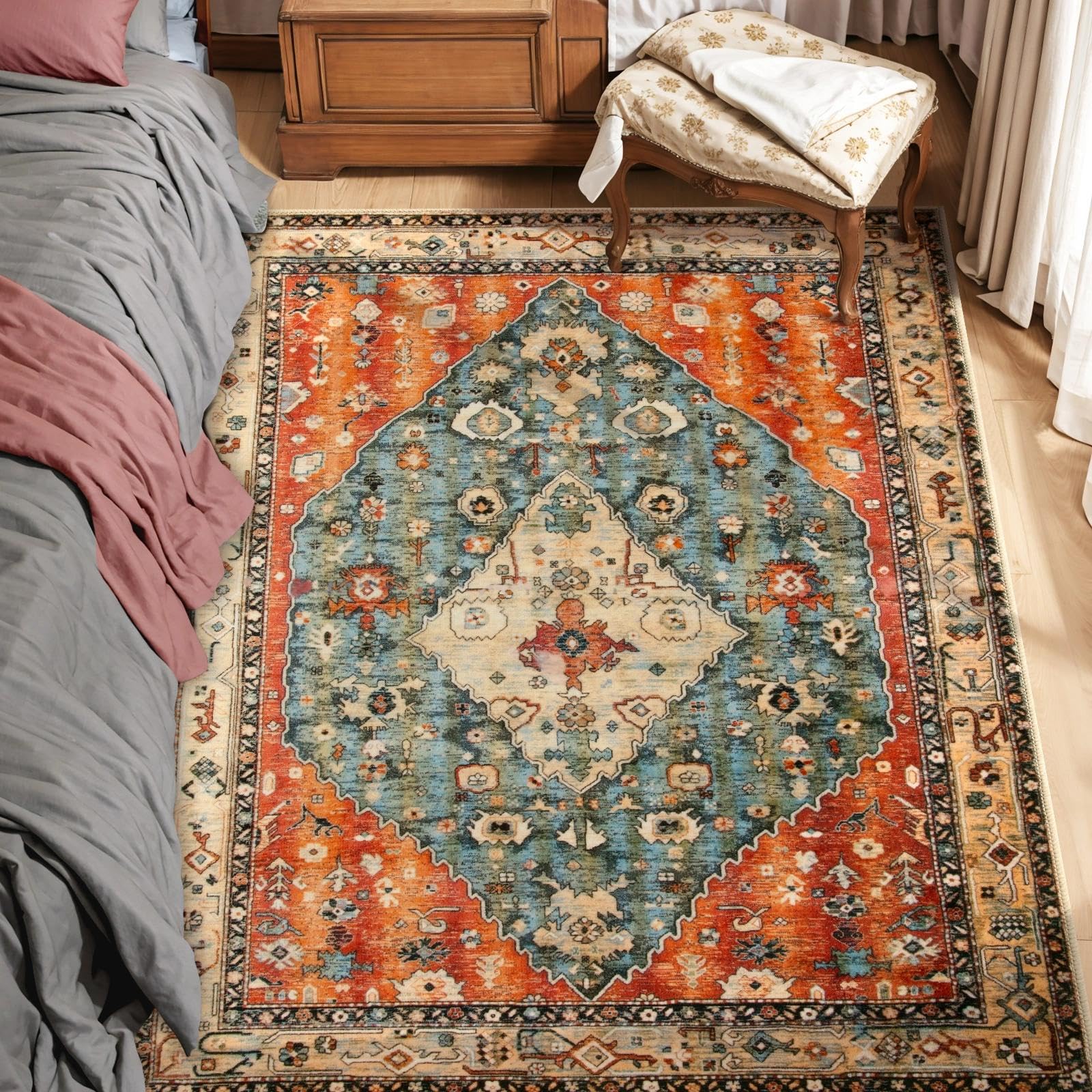 SERISSA Washable Rugs 8x10 Area Rugs, Large Non-Slip Boho Living Room Rust Rug, Ultra Soft Vintage Print Distressed Oriental Tribal Farmhouse Carpet for Dining Room Bedroom Dorm Office Home Decor