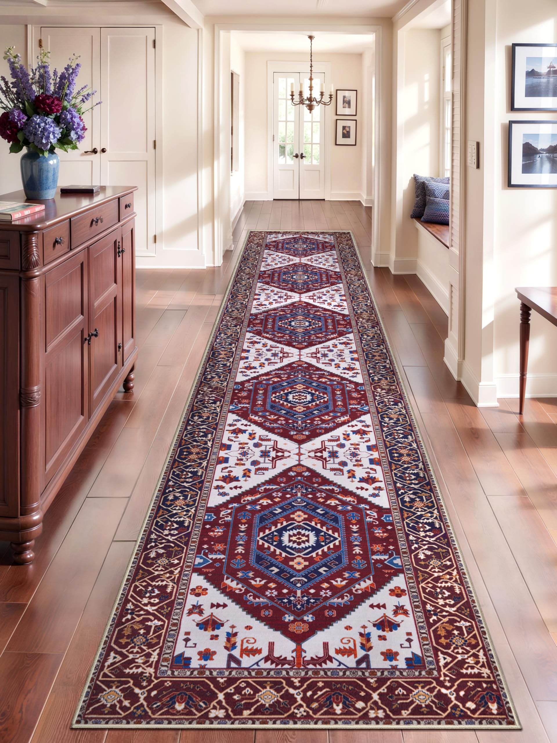 SERISSA Washable Rugs 8x10 Area Rugs, Large Non-Slip Boho Living Room Rust Rug, Ultra Soft Vintage Print Distressed Oriental Tribal Farmhouse Carpet for Dining Room Bedroom Dorm Office Home Decor