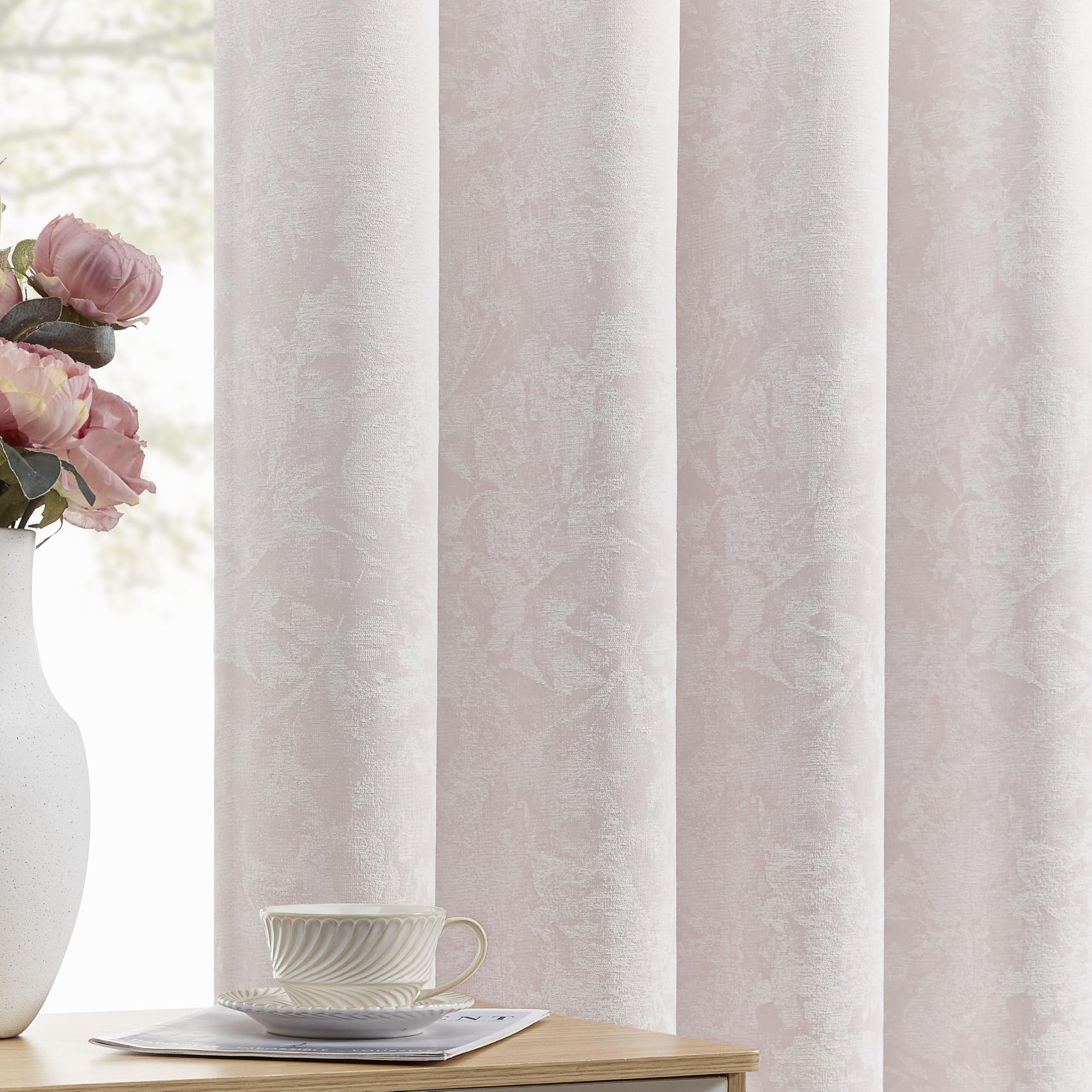 Beauoop Beige Floral Jacquard Blackout Curtains 84 Inches Long 2 Panels for Bedroom Living Room Chenille Flower Room Darkening Thermal Insulated Soundproof Rod Pocket Back Tab Window Drapes, 52x84