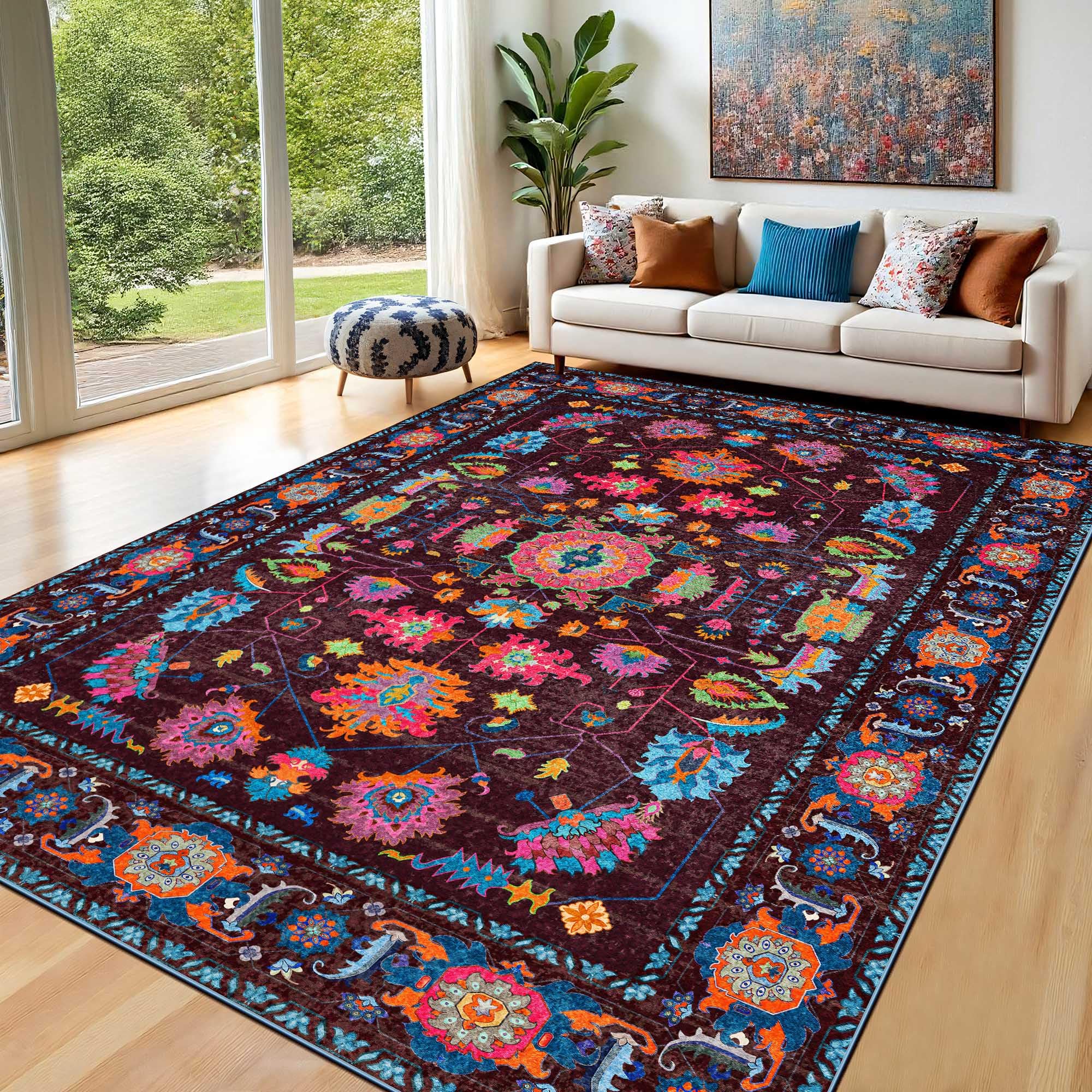 8x10 Area Rugs Living Room Washable Non Slip Low Pile Oushak Vintage Stain Resistant Soft Large Oriental Rugs for Bedroom, Dining Room, Kitchen, Indoor Leisure Rooms, Nova Burgundy Fuchsia Orange Soda