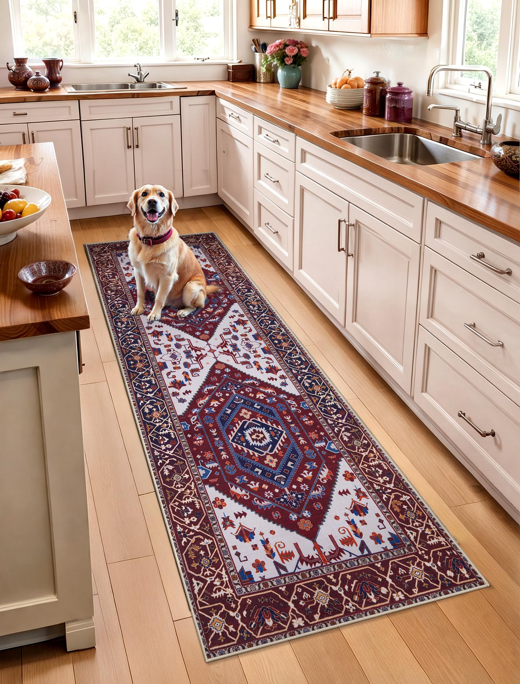 SERISSA Washable Rugs 8x10 Area Rugs, Large Non-Slip Boho Living Room Rust Rug, Ultra Soft Vintage Print Distressed Oriental Tribal Farmhouse Carpet for Dining Room Bedroom Dorm Office Home Decor
