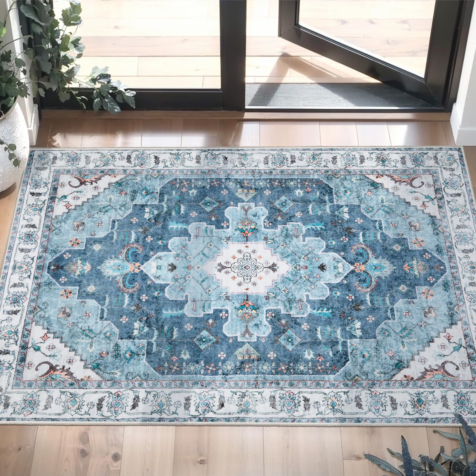 SERISSA Washable Rugs 8x10 Area Rugs, Large Non-Slip Boho Living Room Rust Rug, Ultra Soft Vintage Print Distressed Oriental Tribal Farmhouse Carpet for Dining Room Bedroom Dorm Office Home Decor