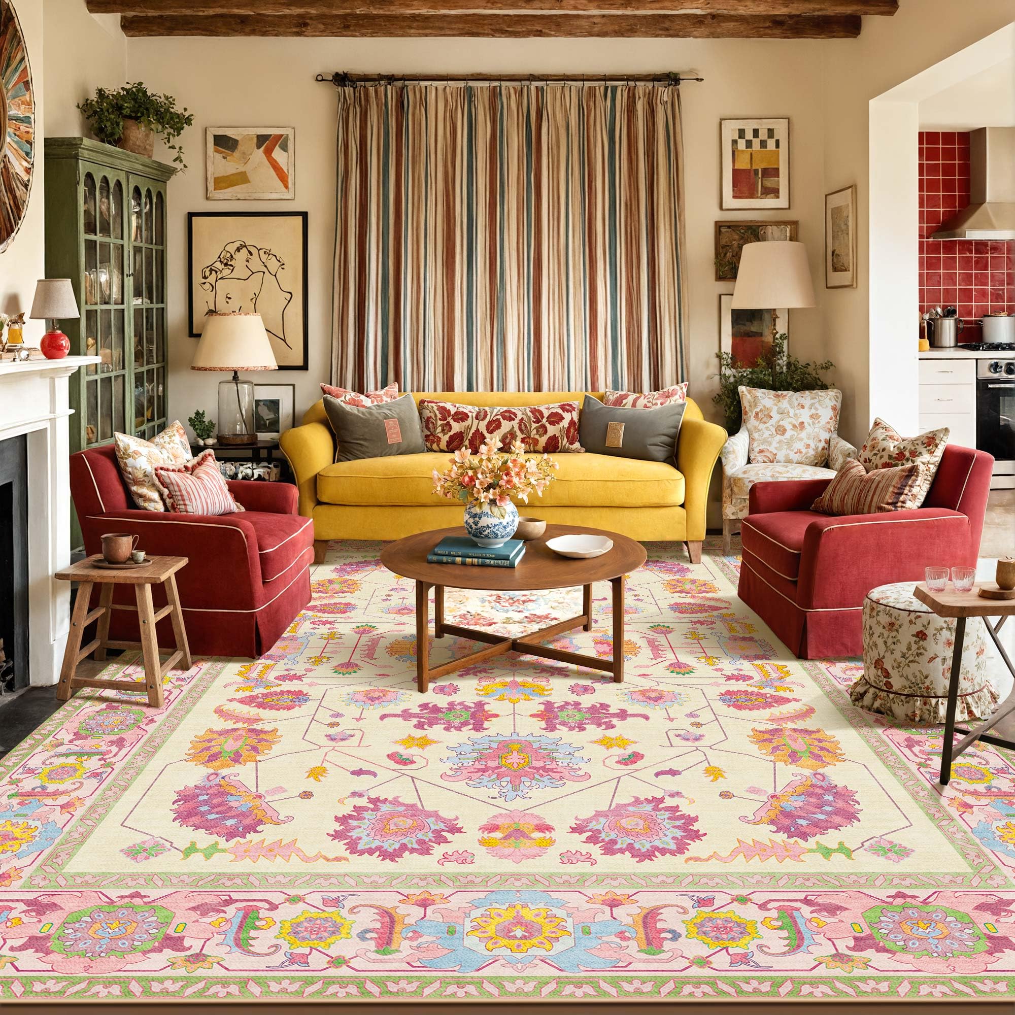 8x10 Area Rugs Living Room Washable Non Slip Low Pile Oushak Vintage Stain Resistant Soft Large Oriental Rugs for Bedroom, Dining Room, Kitchen, Indoor Leisure Rooms, Nova Burgundy Fuchsia Orange Soda