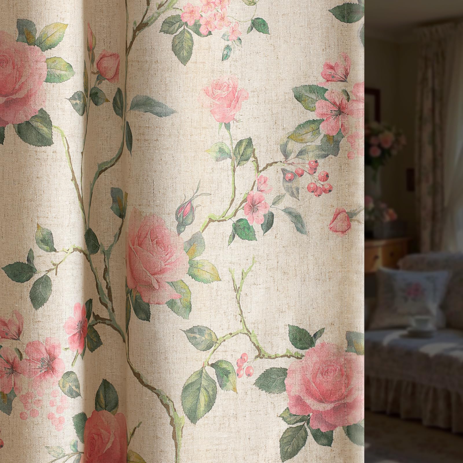 Floral Embroidered Linen Blend Curtains for Bedroom, 84 Inch Light Filtering Spring Farmhouse Vintage Drapes Beige Flower Window Treatments for Living Room Rod Pocket, Set of 2 Panels