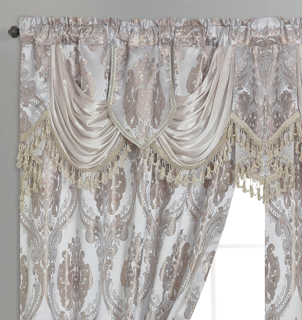 GOHD Luxe Love. Jacquard Window Curtain Panel Drape with Attached Fancy Valance. 2pcs Set (Sand, 84" Drop x 54" Wide with 18" Valance x 2pcs)