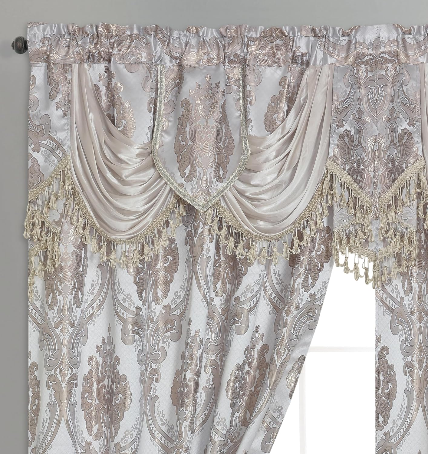 GOHD Luxe Love. Jacquard Window Curtain Panel Drape with Attached Fancy Valance. 2pcs Set (Sand, 84" Drop x 54" Wide with 18" Valance x 2pcs)