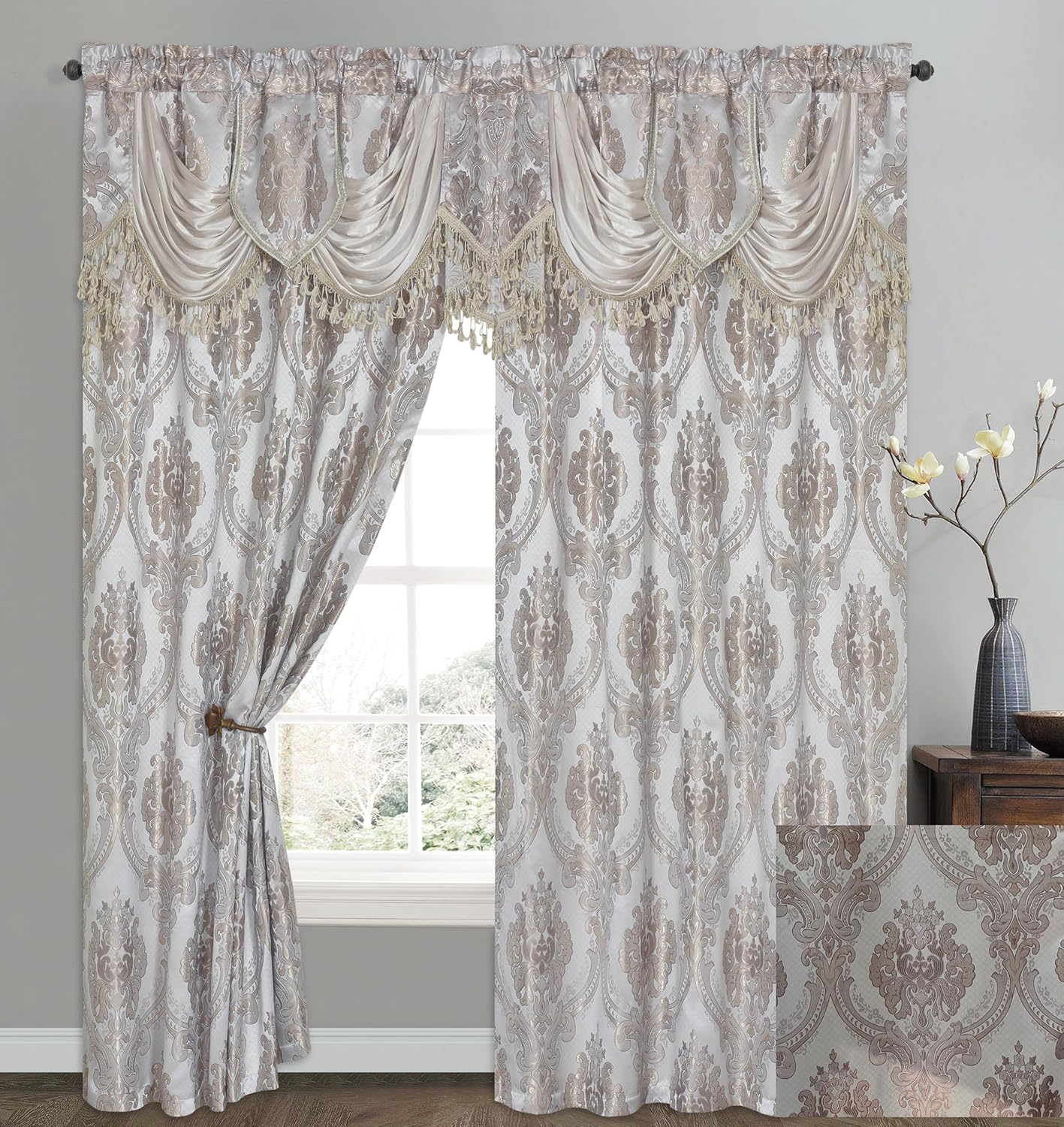 GOHD Luxe Love. Jacquard Window Curtain Panel Drape with Attached Fancy Valance. 2pcs Set (Sand, 84" Drop x 54" Wide with 18" Valance x 2pcs)
