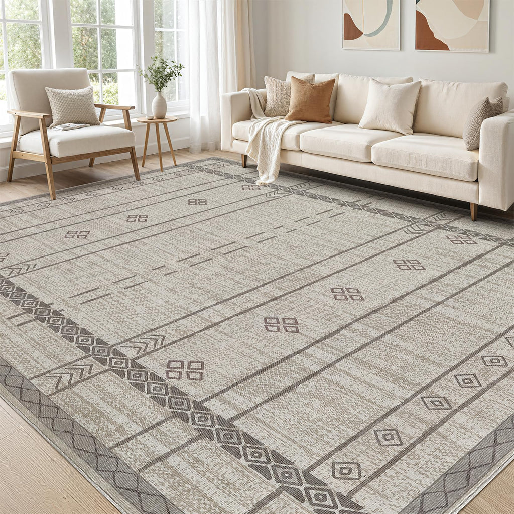 cotiled 5x7 Area Rug Living Room: Washable Boho Rugs with Non Slip Backing Large Soft Indoor Stain Resistant Carpet for Bedroom Farmhouse Dining Room Lightweight Home Decor L Brown/Cream