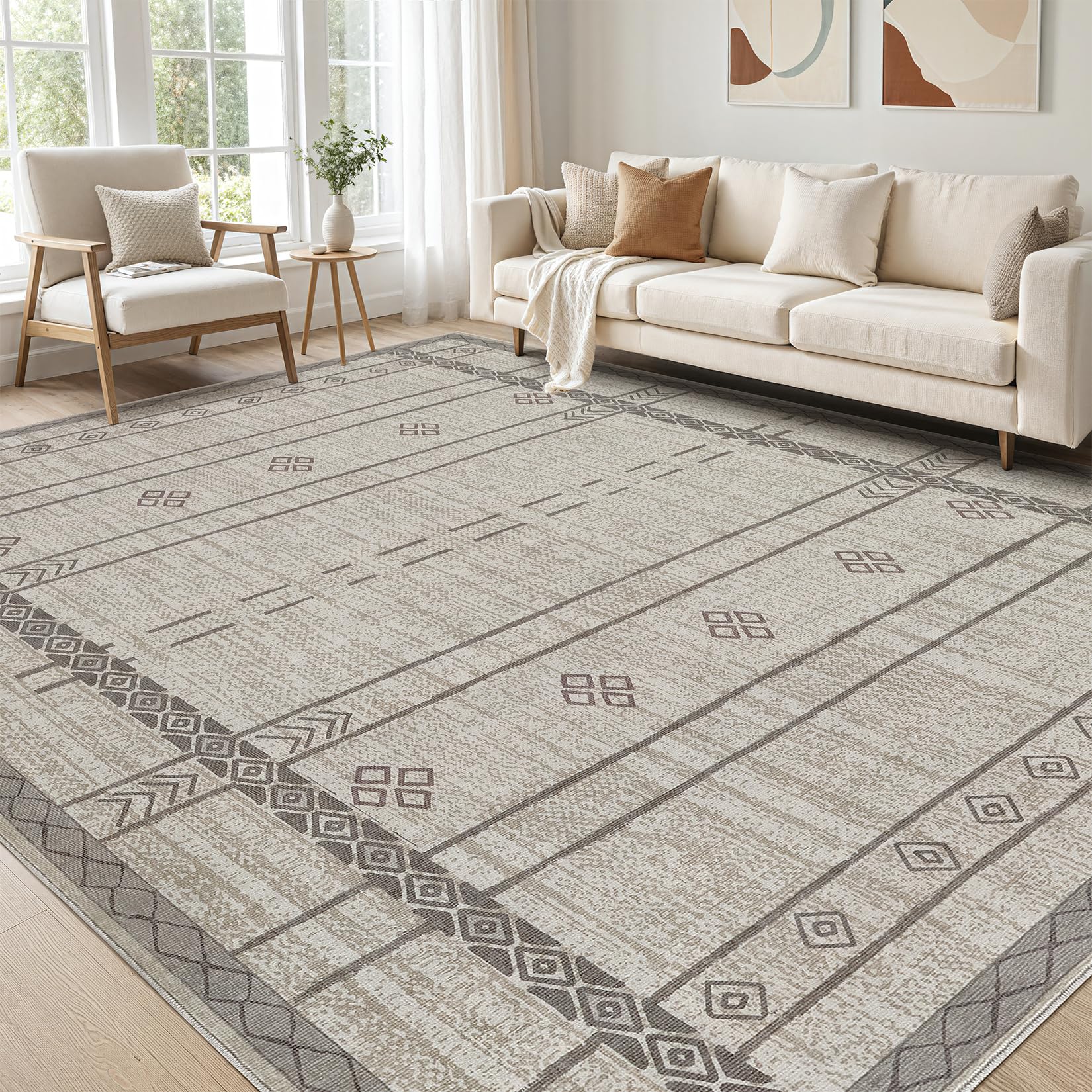 cotiled 5x7 Area Rug Living Room: Washable Boho Rugs with Non Slip Backing Large Soft Indoor Stain Resistant Carpet for Bedroom Farmhouse Dining Room Lightweight Home Decor L Brown/Cream