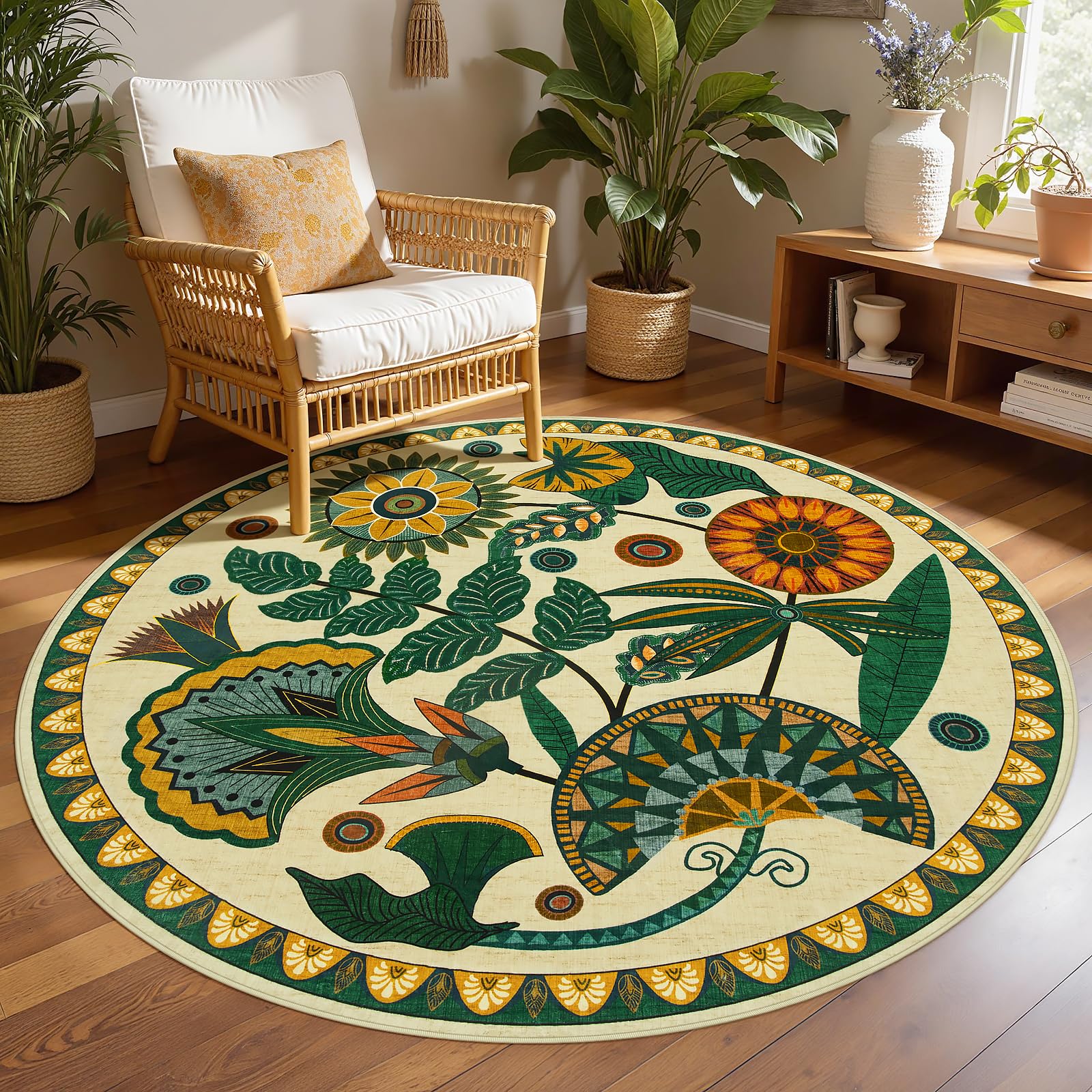 Joydeco Egypt Floral Boho 8x10 Area Rugs for Bedroom Aesthetic, Washable Vintage Living Dining Room Rug Non Slip, Beige Large Indoor Throw Carpet for Playroom Nursery Dorm Classroom
