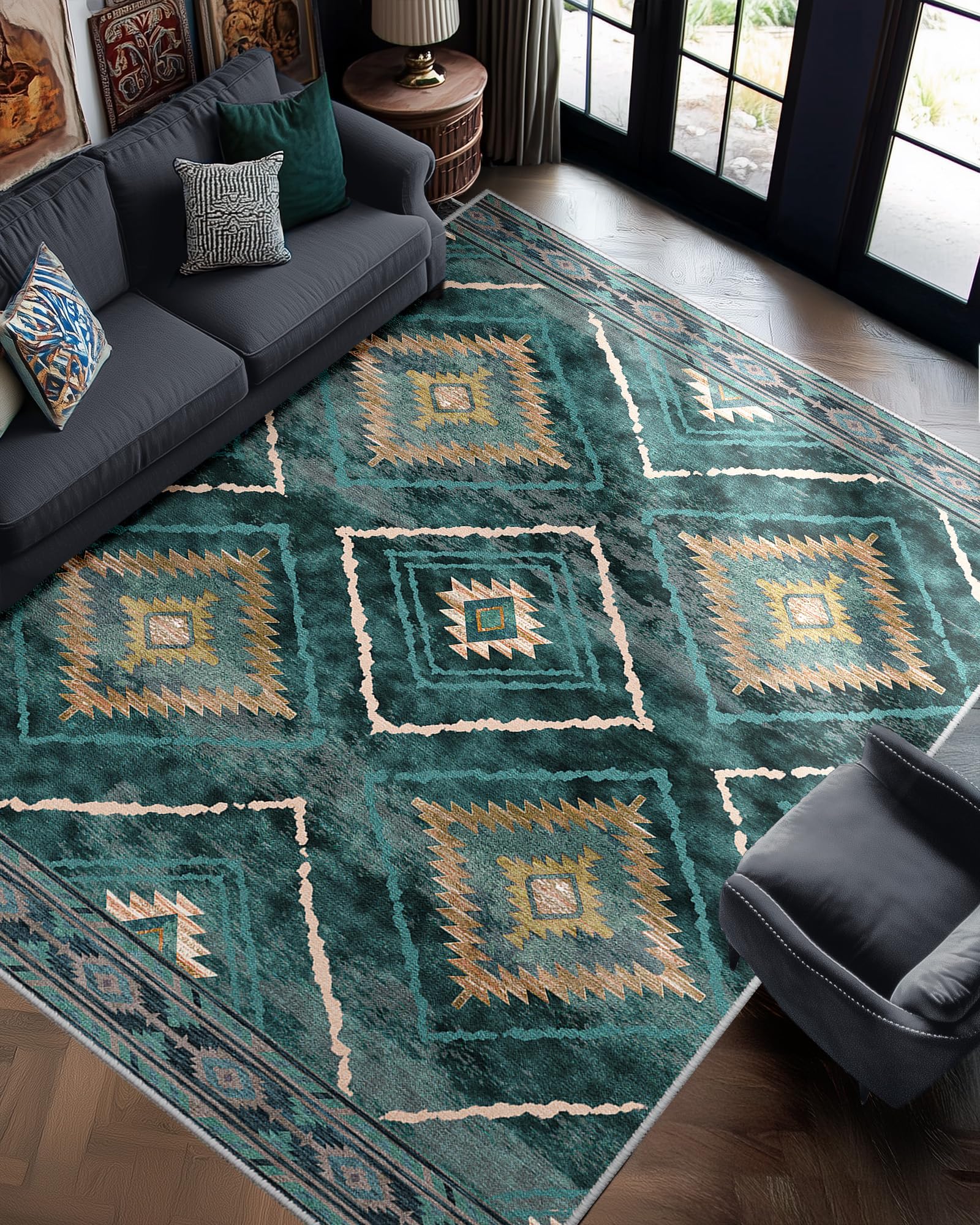BESTSWEETIE Area Rug 5x7 Rug Machine Washable Non-Slip Low Pile Print Pattern Western Rug for Living Room Bedroom Entryway Tribal Series -Black